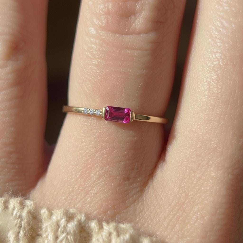 Dainty Baguette Pink Sapphire Ring, Minimalist Sweet 16 Jewelry Stackable Ring September Birthstone Gift for Daughter