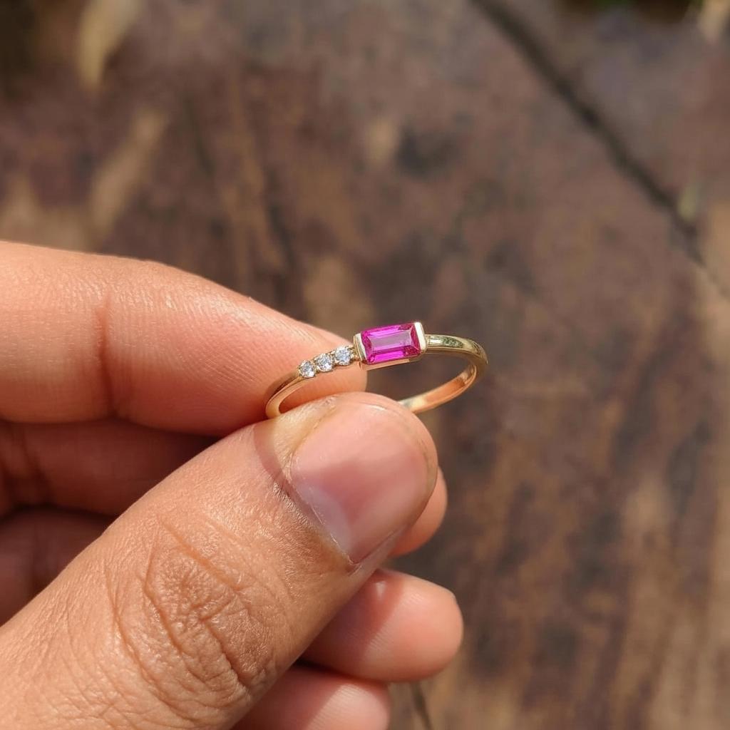 Dainty Baguette Pink Sapphire Ring, Minimalist Sweet 16 Jewelry Stackable Ring September Birthstone Gift for Daughter