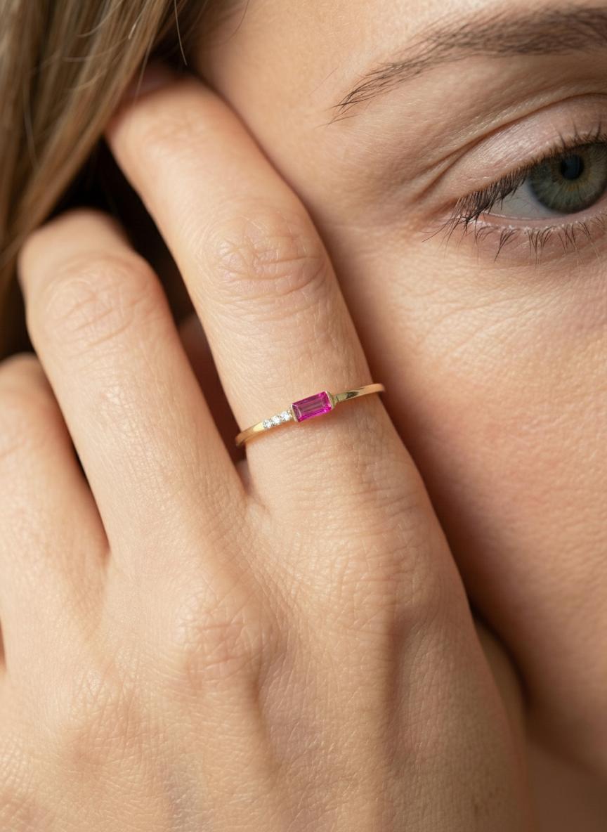 Dainty Baguette Pink Sapphire Ring, Minimalist Sweet 16 Jewelry Stackable Ring September Birthstone Gift for Daughter