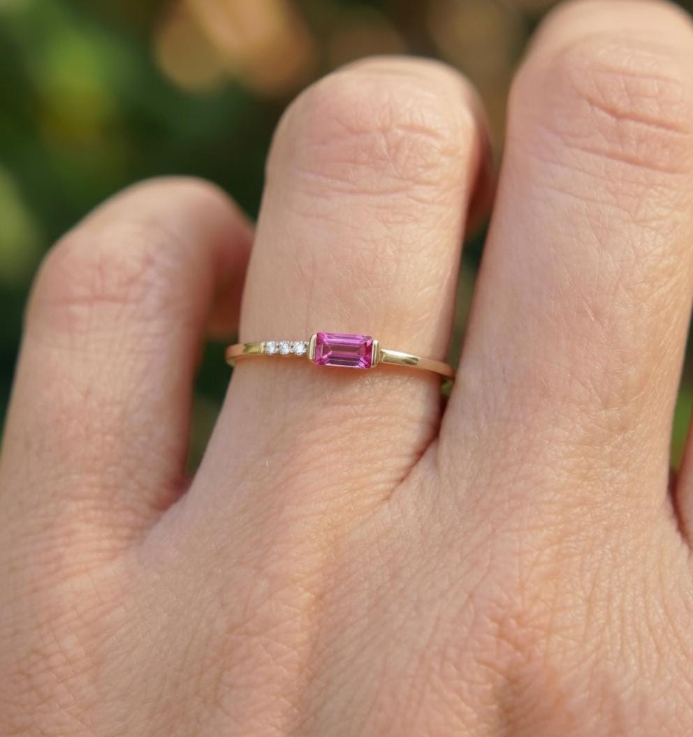 Dainty Baguette Padparadscha Sapphire Ring, Family Birthstone Ring Jewelry Stackable Ring Birthstone Gifts