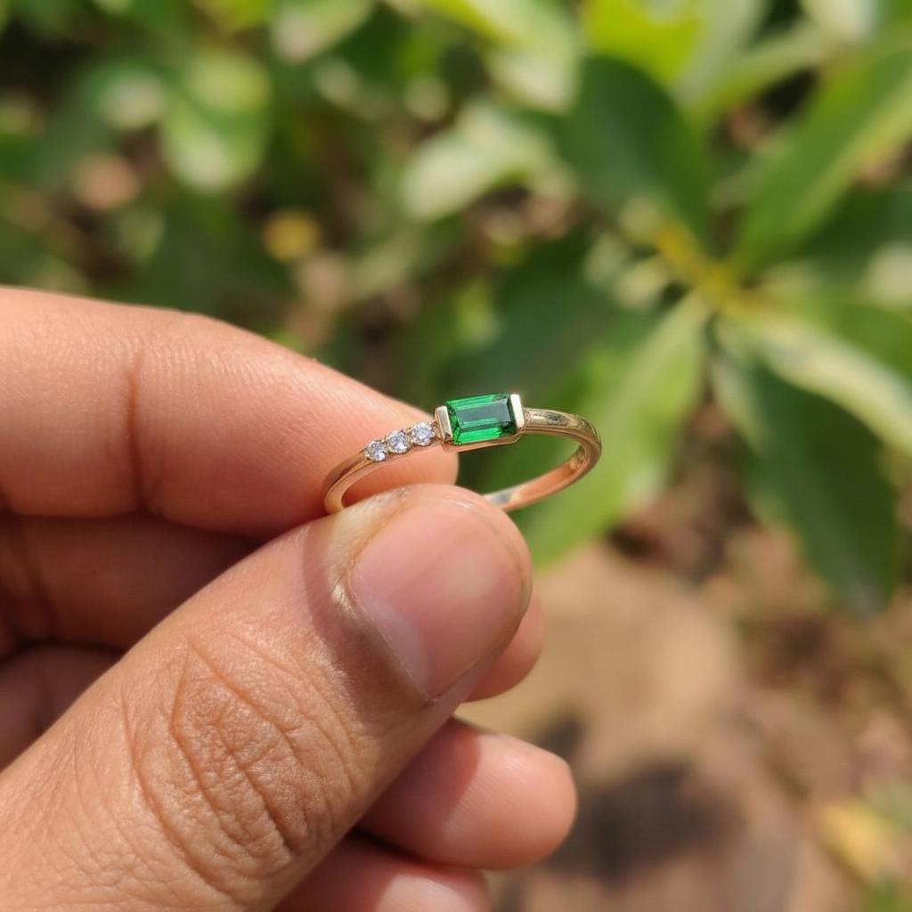 Dainty Baguette Green Sapphire Ring, Minimalist Birthstone Stacking Ring, September Birthstone Ring
