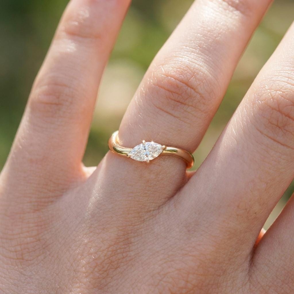 Marquise Moissanite East West Pinky Ring, 14K Solid Gold 0.5CT Marquise Cut Promise Ring, Travel Ring