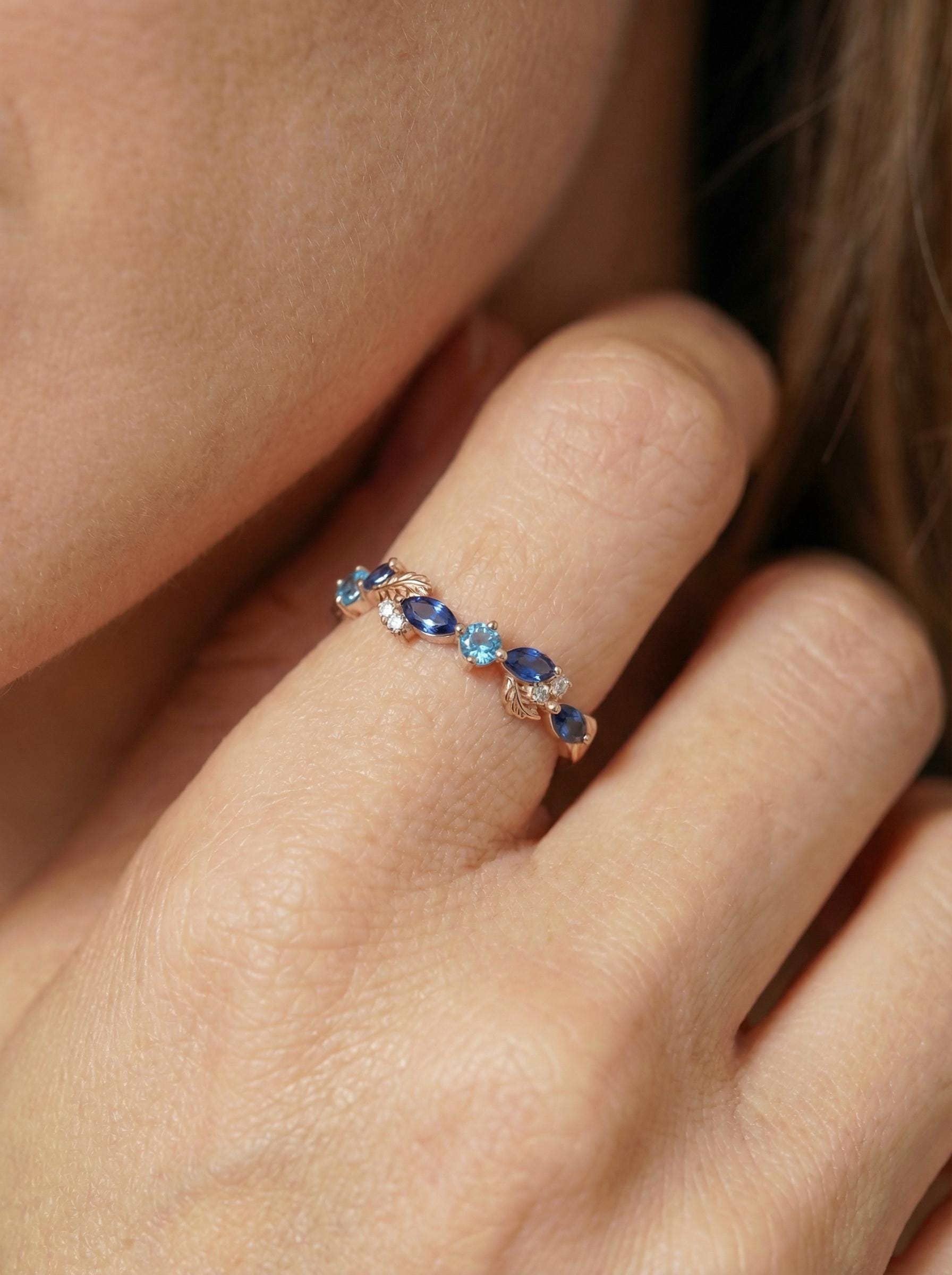Nature Inspired Sapphire & Topaz Leaf Ring | Delicate Floral Diamond Accent Band | Unique Anniversary Stacking Ring for Her