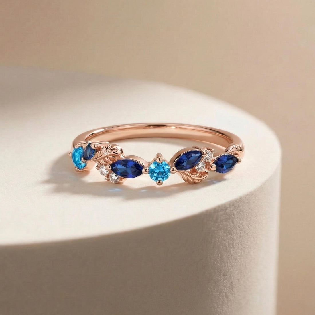 Nature Inspired Sapphire & Topaz Leaf Ring | Delicate Floral Diamond Accent Band | Unique Anniversary Stacking Ring for Her