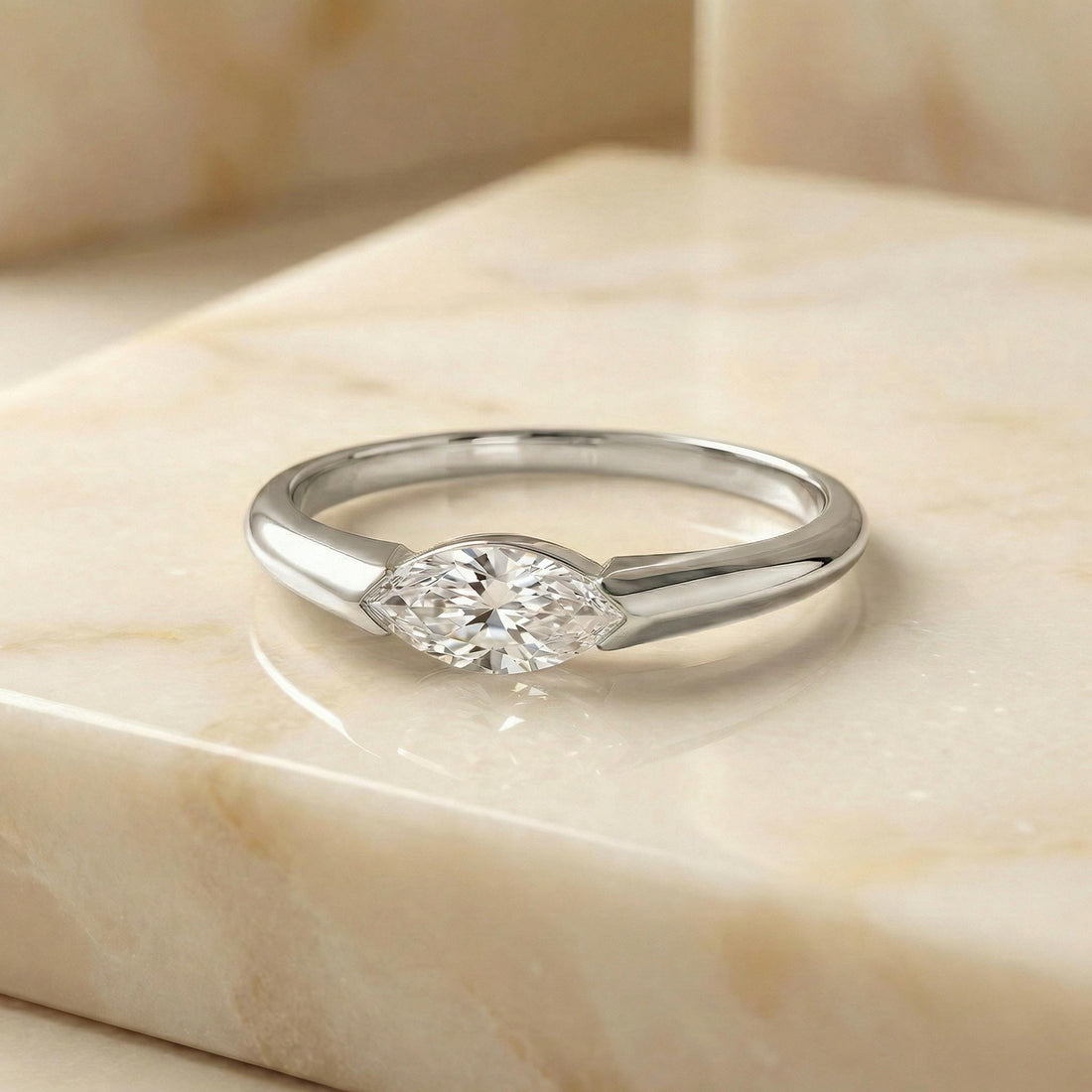 0.50ct East West Marquise Cut Moissanite Solitaire Ring, Modern Minimalist Half-Bezel Engagement Ring, 14K Solid Gold Anniversary Ring