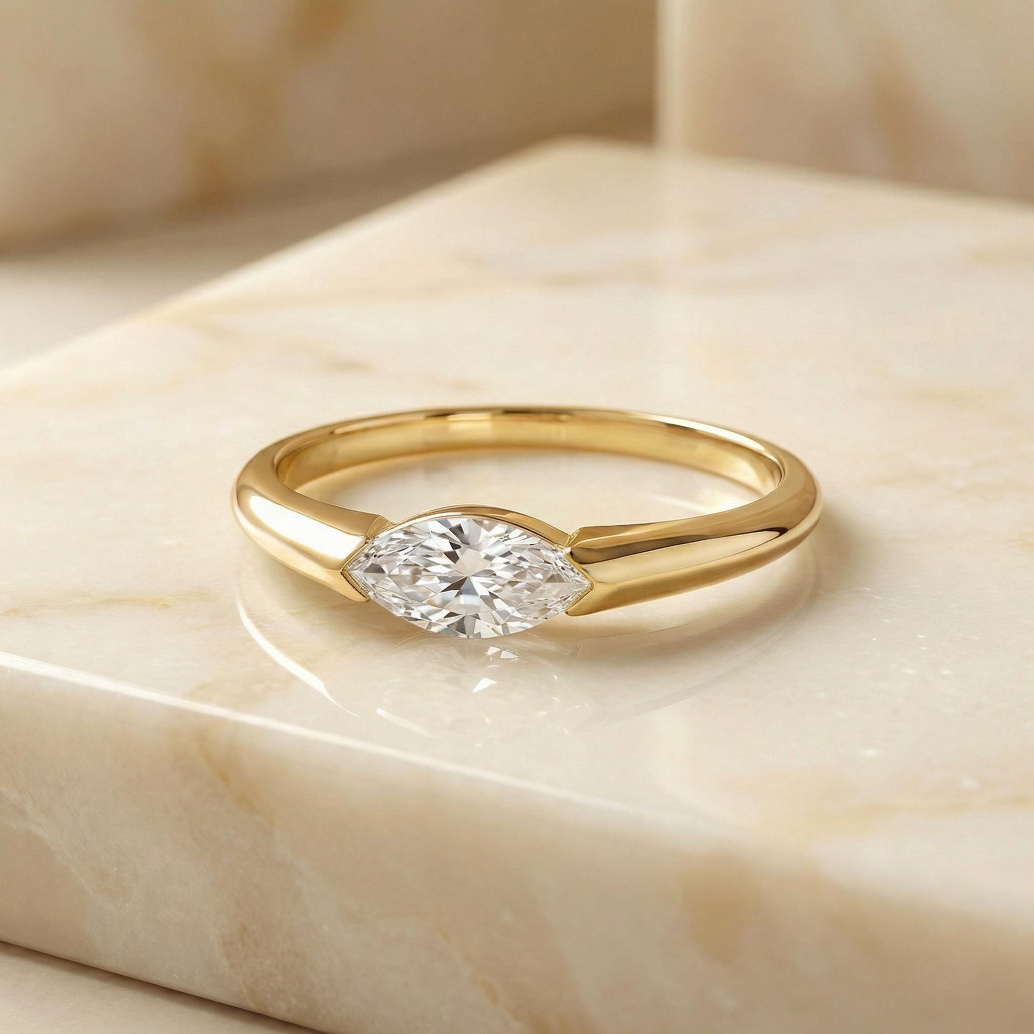 0.50ct East West Marquise Cut Moissanite Solitaire Ring, Modern Minimalist Half-Bezel Engagement Ring, 14K Solid Gold Anniversary Ring