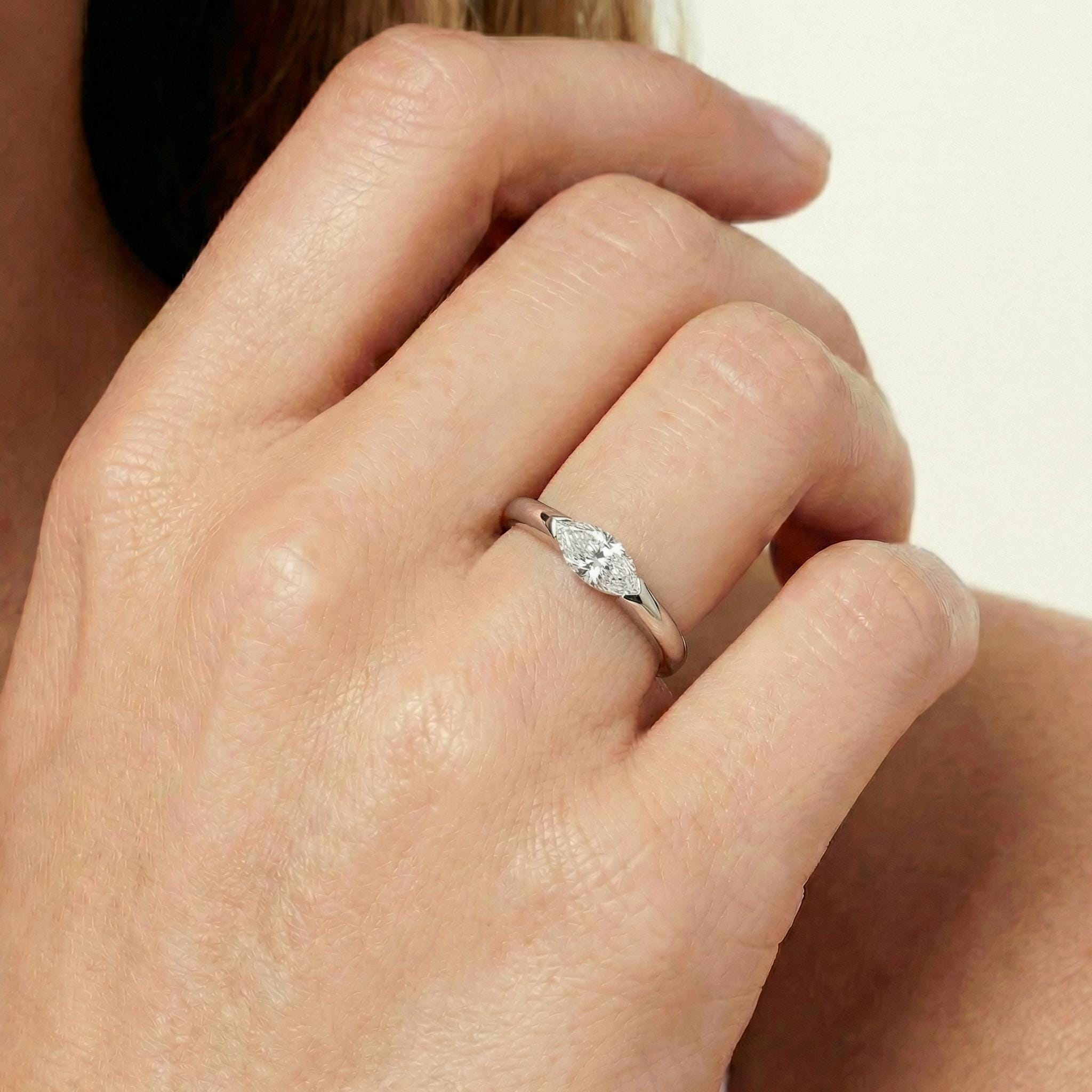 0.50ct East West Marquise Cut Moissanite Solitaire Ring, Modern Minimalist Half-Bezel Engagement Ring, 14K Solid Gold Anniversary Ring