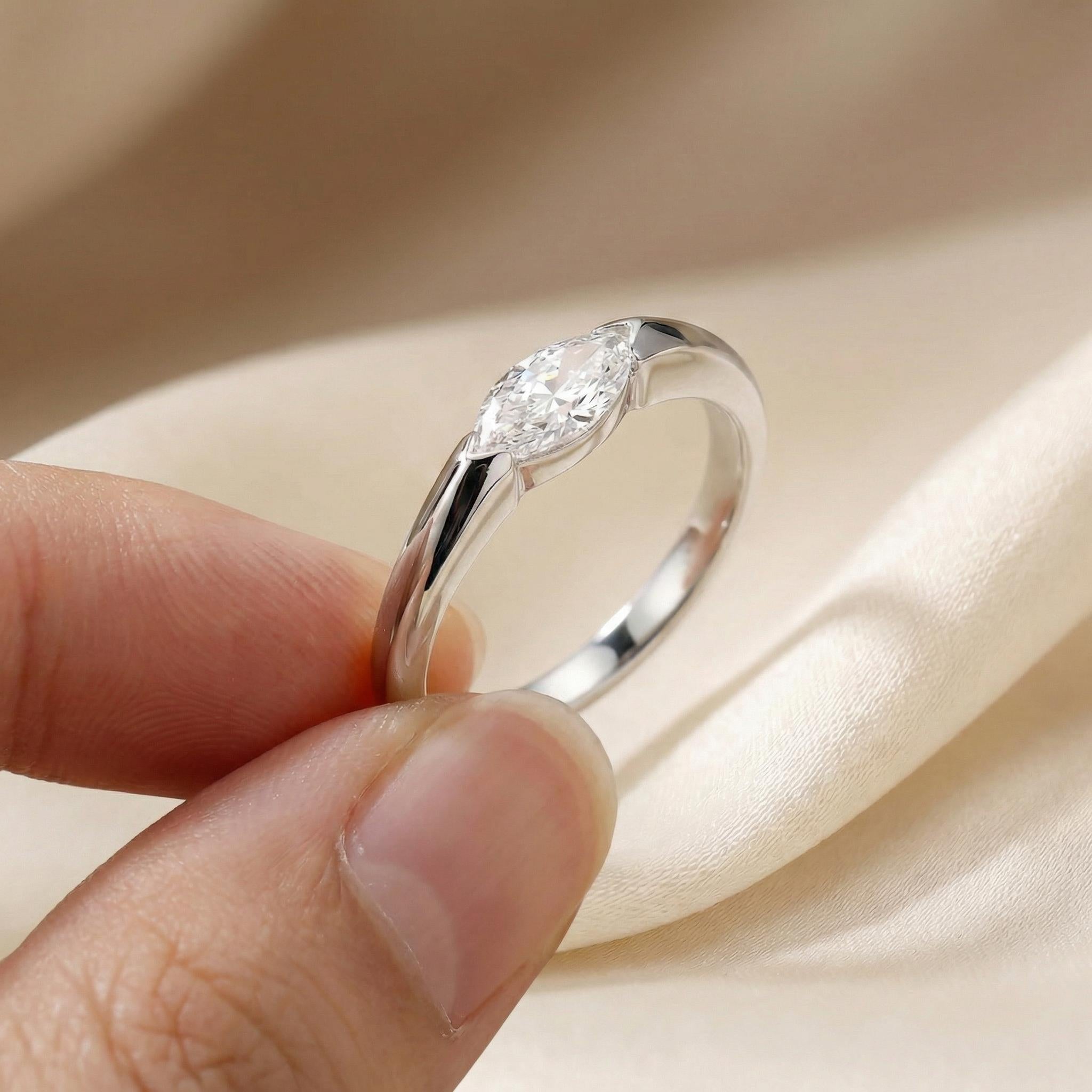 0.50ct East West Marquise Cut Moissanite Solitaire Ring, Modern Minimalist Half-Bezel Engagement Ring, 14K Solid Gold Anniversary Ring