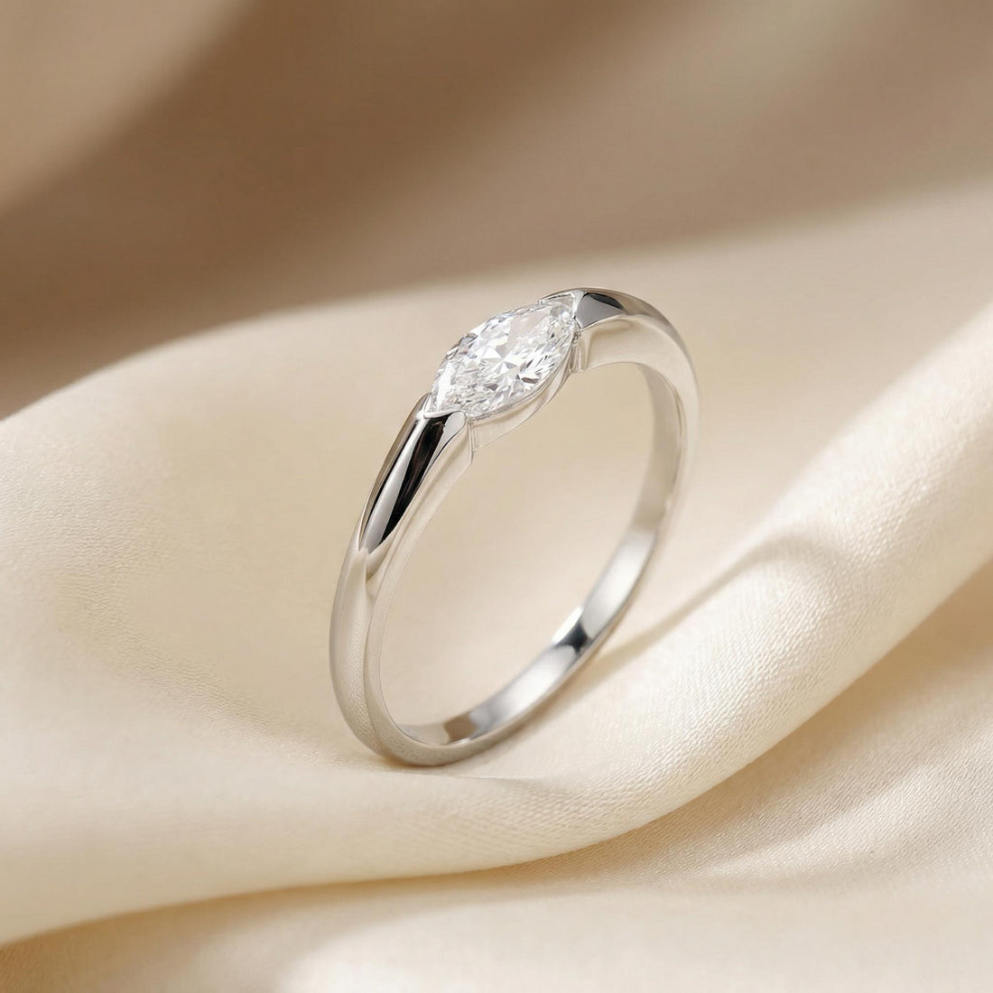 0.50ct East West Marquise Cut Moissanite Solitaire Ring, Modern Minimalist Half-Bezel Engagement Ring, 14K Solid Gold Anniversary Ring
