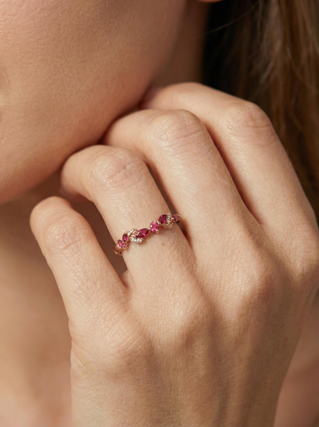 Nature Inspired Ruby & Pink Tourmaline Leaf Ring | Delicate Floral Diamond Accent Band | Unique Anniversary Stacking Ring for Her