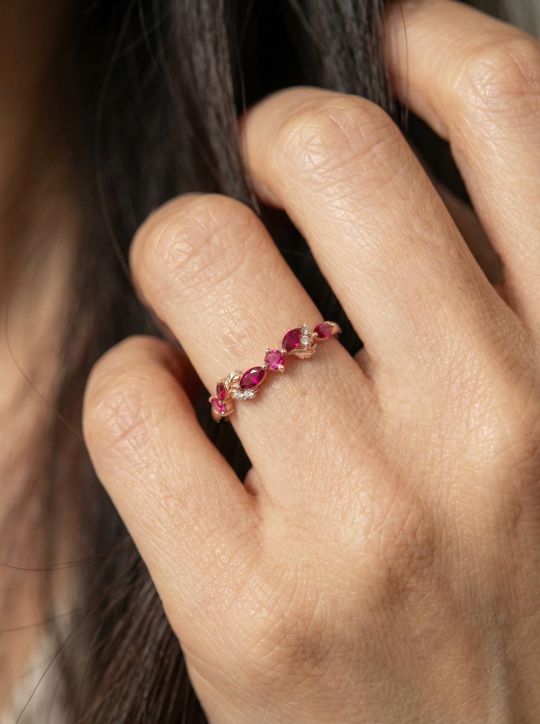 Nature Inspired Ruby & Pink Tourmaline Leaf Ring | Delicate Floral Diamond Accent Band | Unique Anniversary Stacking Ring for Her