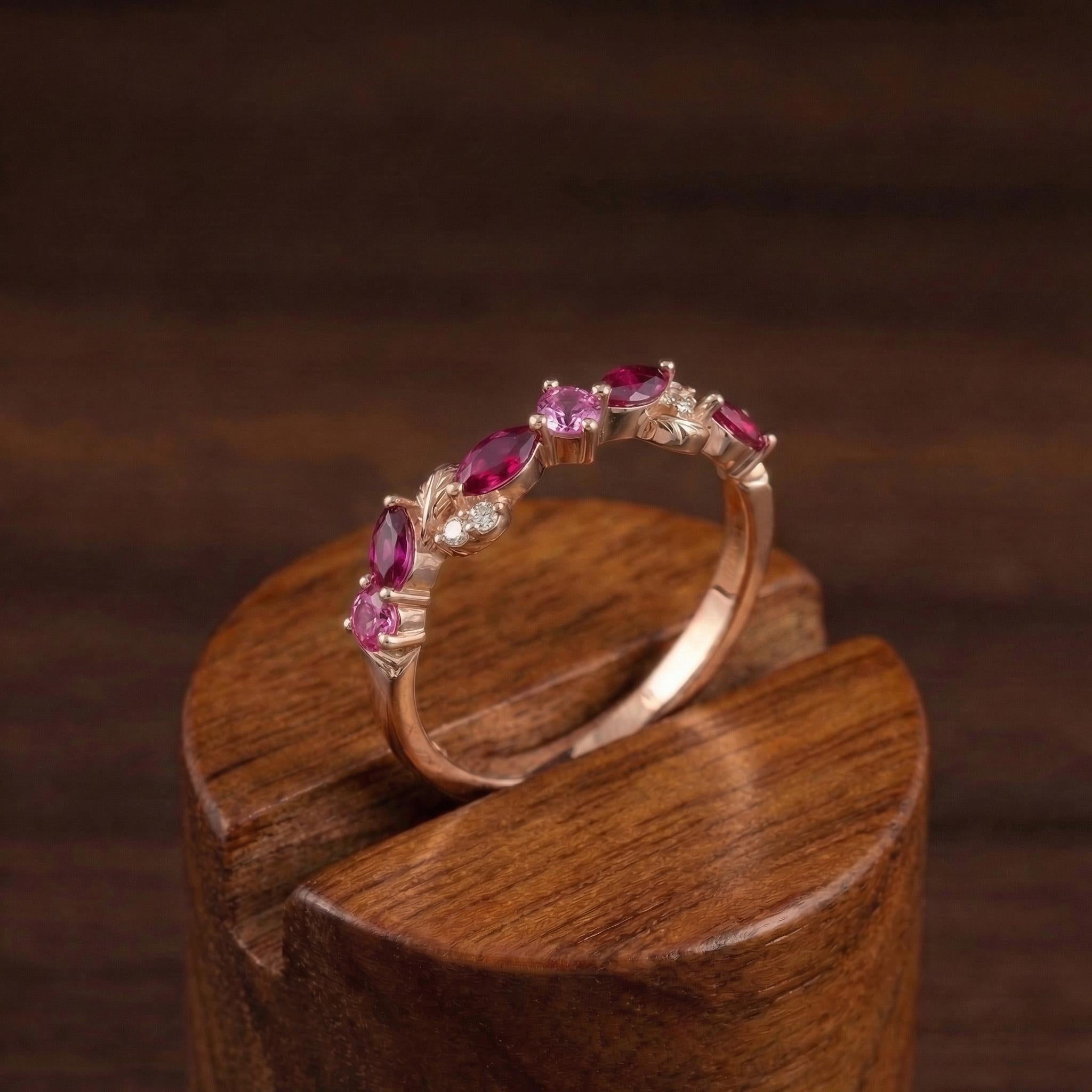 Nature Inspired Ruby & Pink Tourmaline Leaf Ring | Delicate Floral Diamond Accent Band | Unique Anniversary Stacking Ring for Her