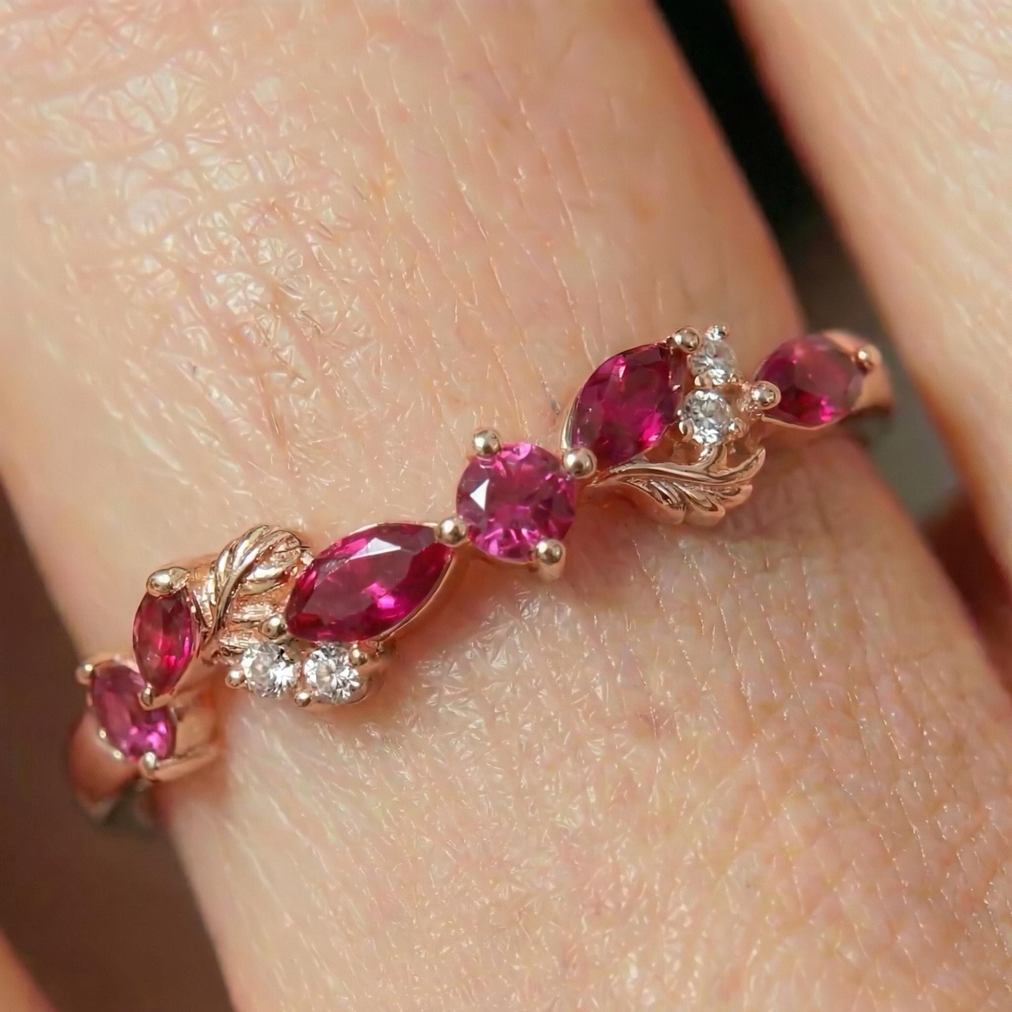Nature Inspired Ruby & Pink Tourmaline Leaf Ring | Delicate Floral Diamond Accent Band | Unique Anniversary Stacking Ring for Her