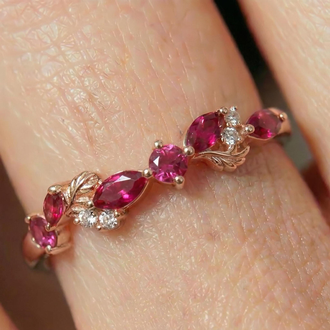 Nature Inspired Ruby & Pink Tourmaline Leaf Ring | Delicate Floral Diamond Accent Band | Unique Anniversary Stacking Ring for Her