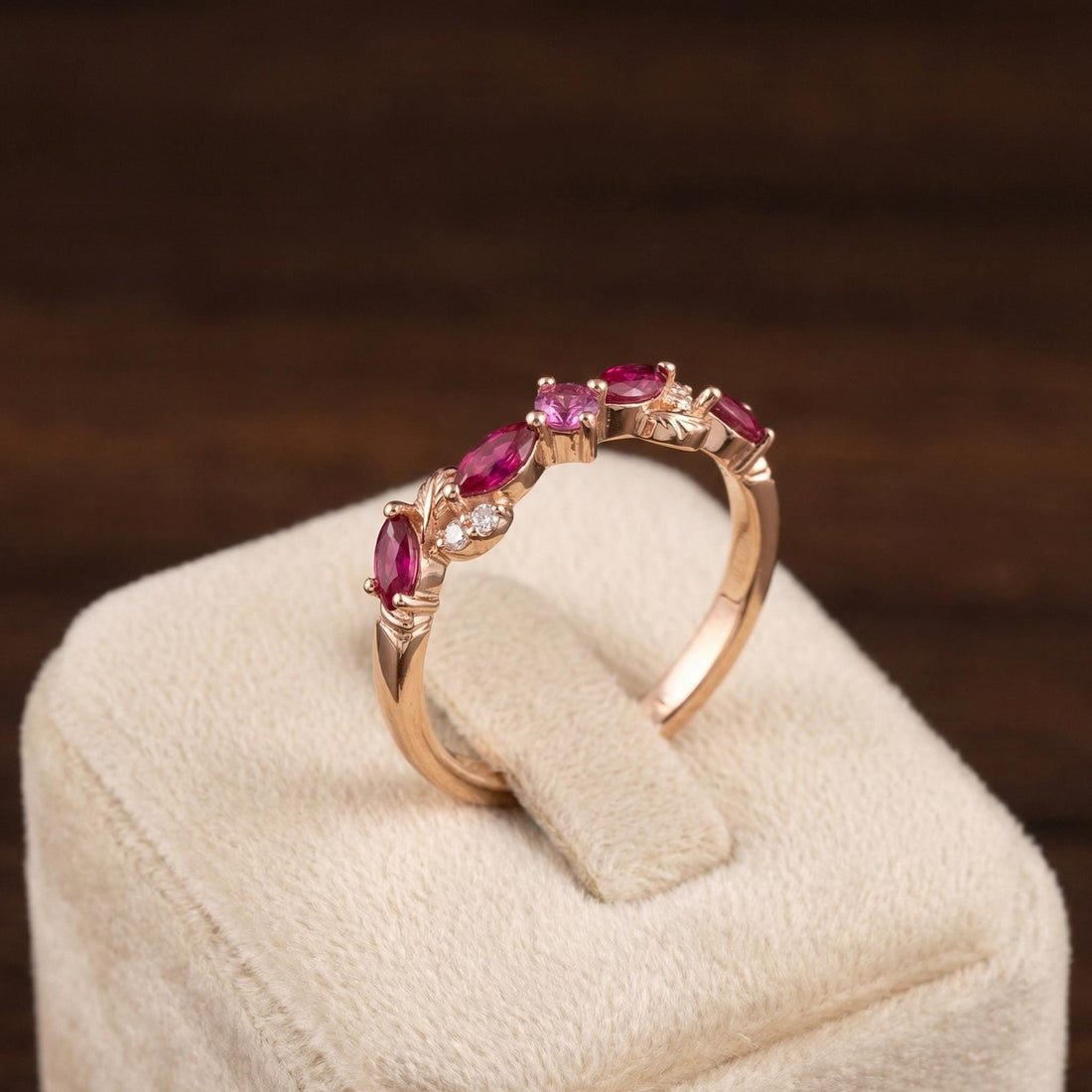 Nature Inspired Ruby & Pink Tourmaline Leaf Ring | Delicate Floral Diamond Accent Band | Unique Anniversary Stacking Ring for Her
