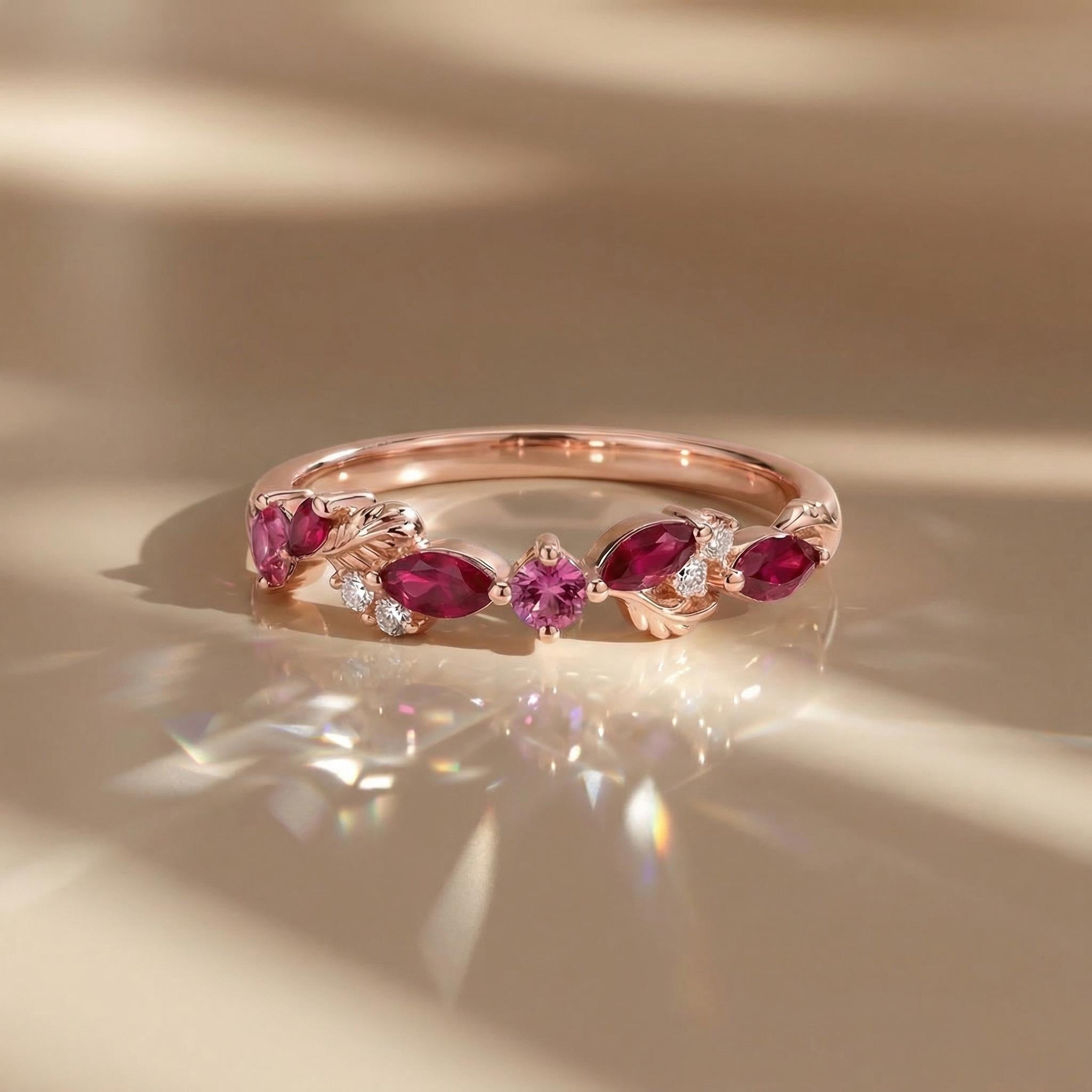 Nature Inspired Ruby & Pink Tourmaline Leaf Ring | Delicate Floral Diamond Accent Band | Unique Anniversary Stacking Ring for Her