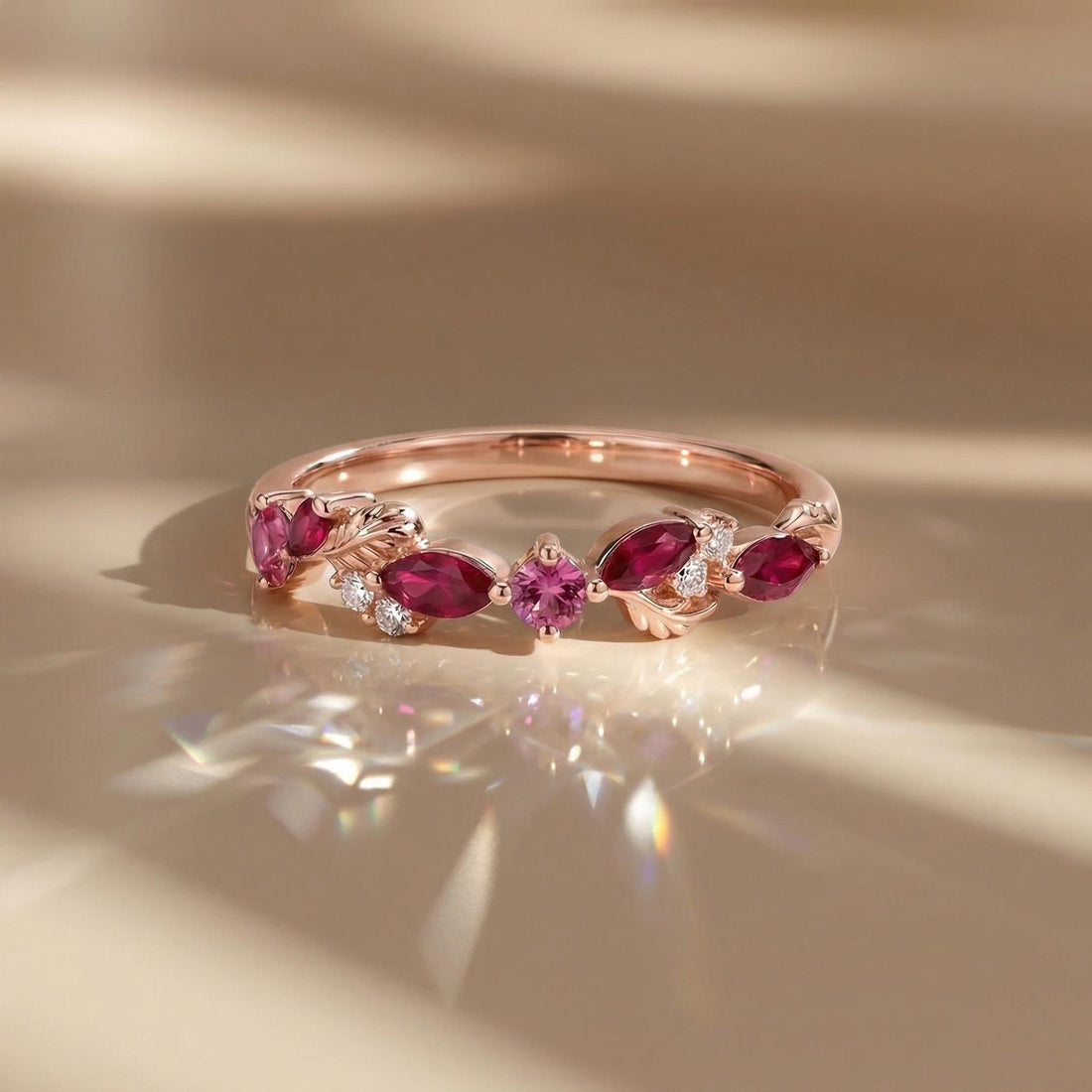 Nature Inspired Ruby & Pink Tourmaline Leaf Ring | Delicate Floral Diamond Accent Band | Unique Anniversary Stacking Ring for Her