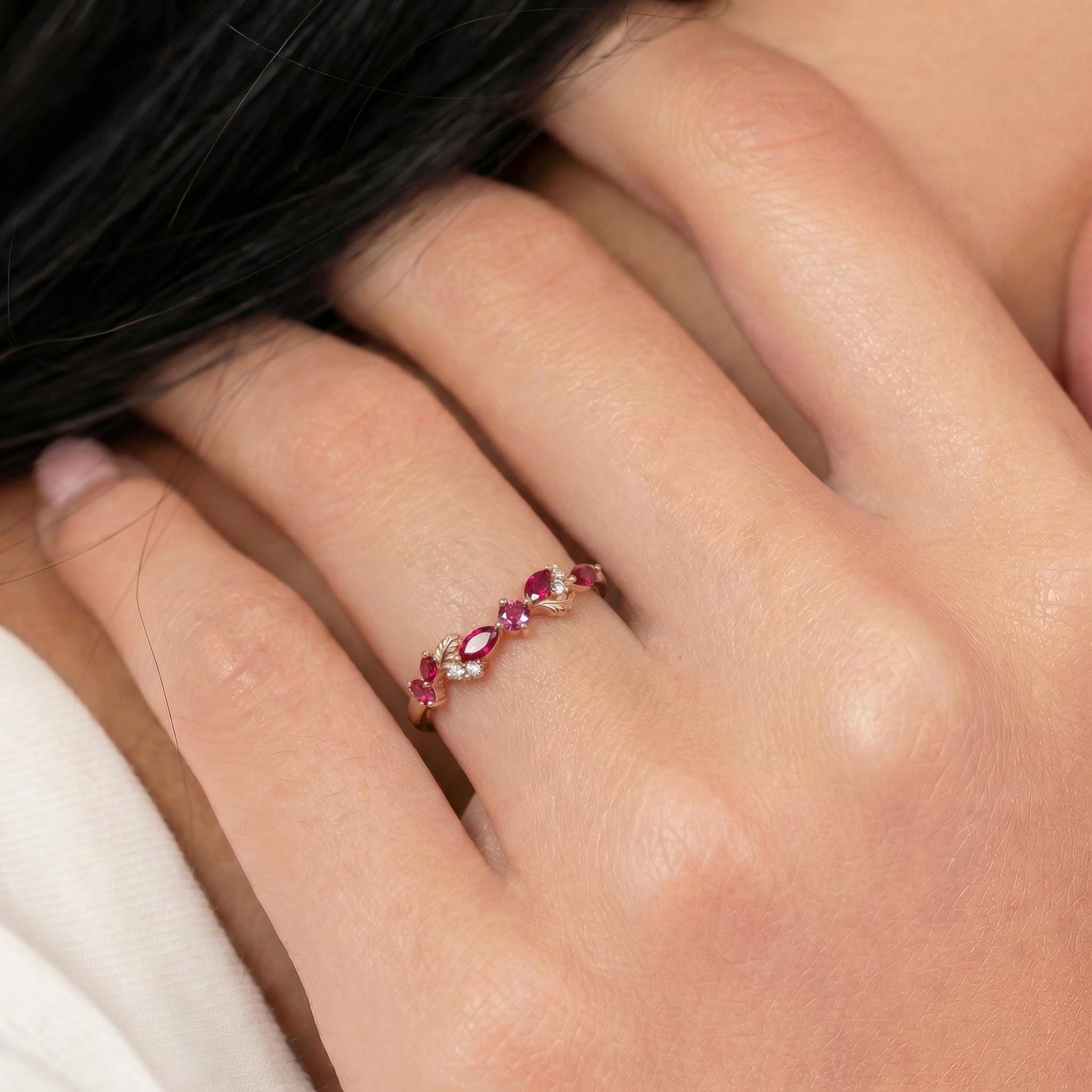 Nature Inspired Ruby & Pink Tourmaline Leaf Ring | Delicate Floral Diamond Accent Band | Unique Anniversary Stacking Ring for Her