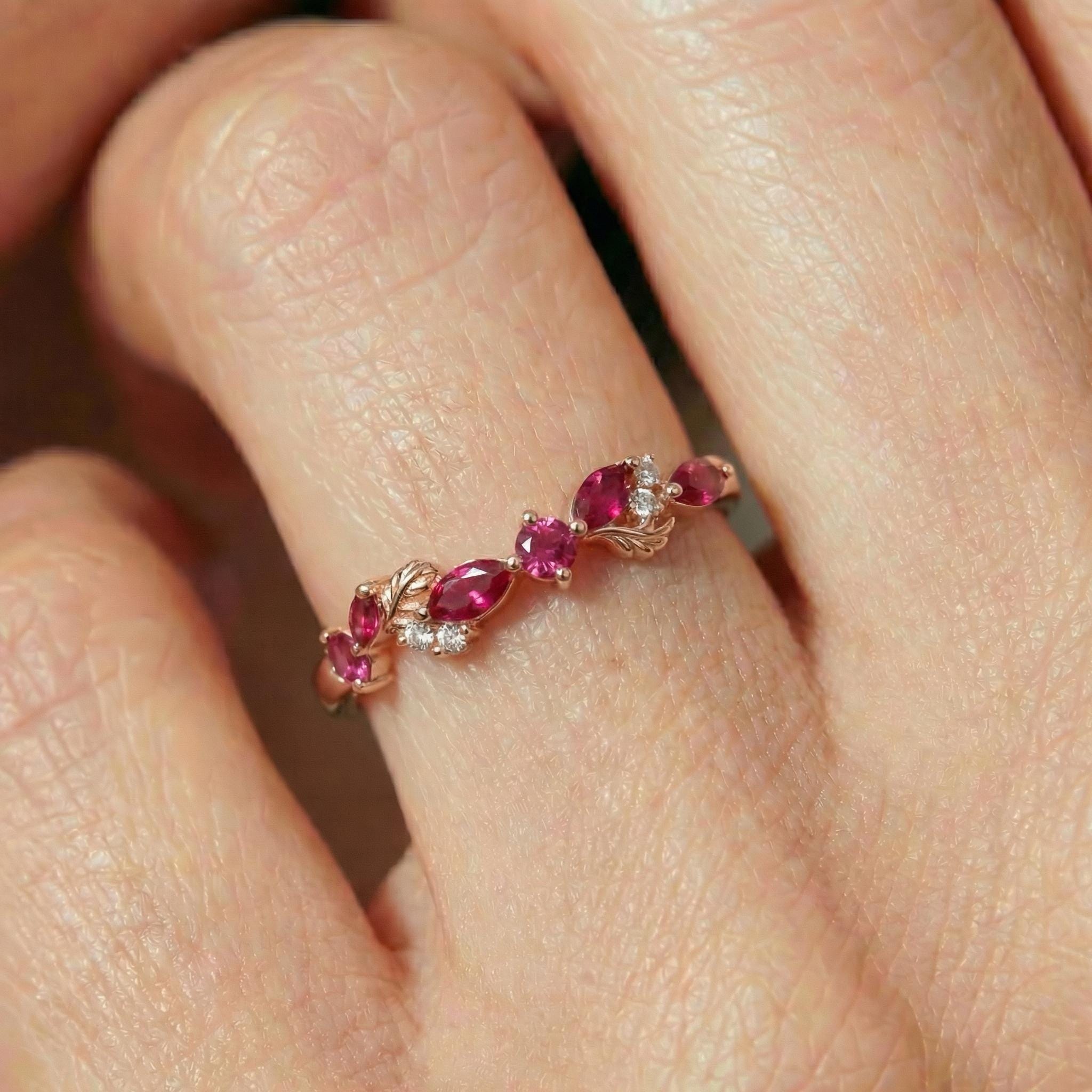 Nature Inspired Ruby & Pink Tourmaline Leaf Ring | Delicate Floral Diamond Accent Band | Unique Anniversary Stacking Ring for Her