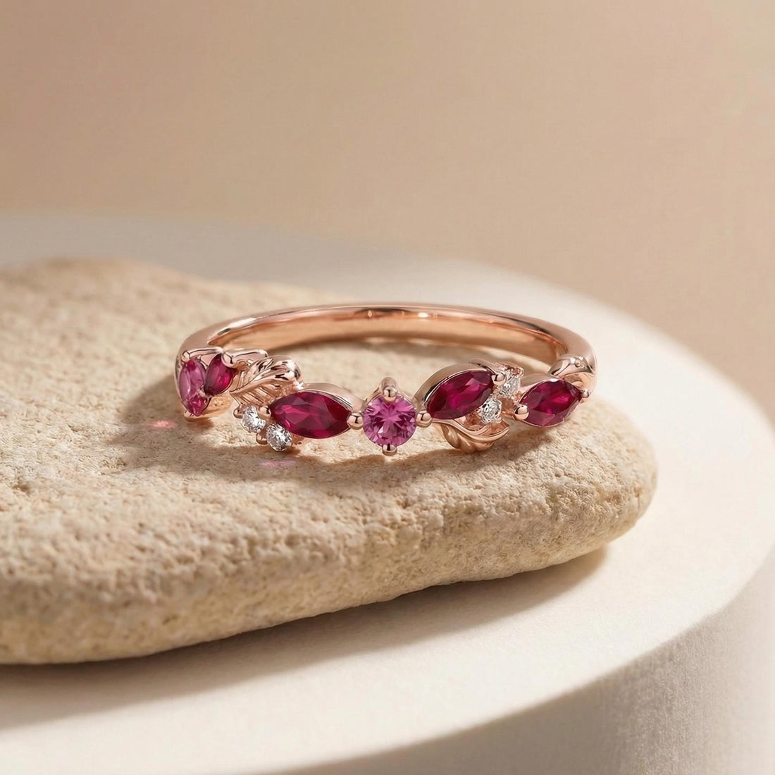 Nature Inspired Ruby & Pink Tourmaline Leaf Ring | Delicate Floral Diamond Accent Band | Unique Anniversary Stacking Ring for Her