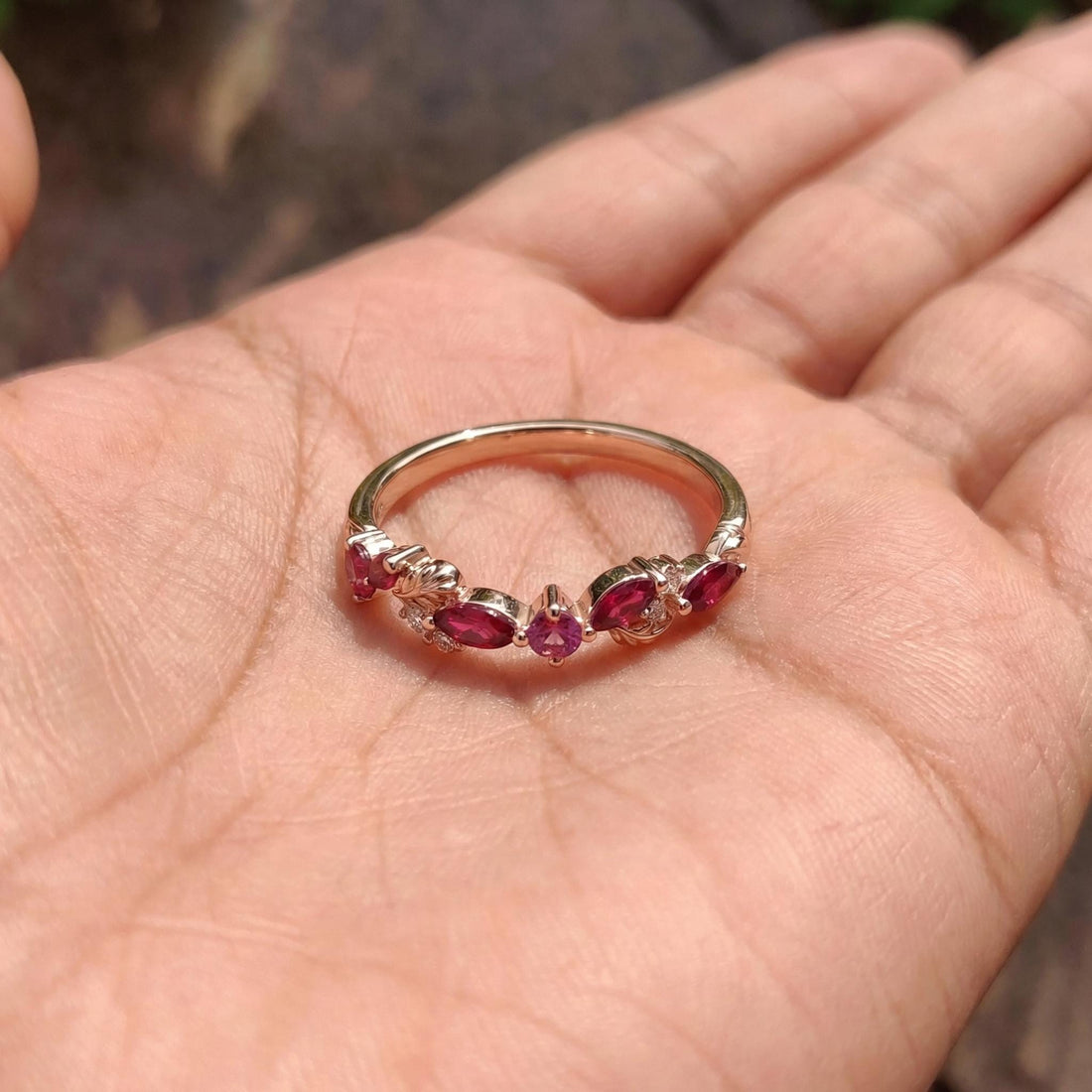 Nature Inspired Ruby & Pink Tourmaline Leaf Ring | Delicate Floral Diamond Accent Band | Unique Anniversary Stacking Ring for Her