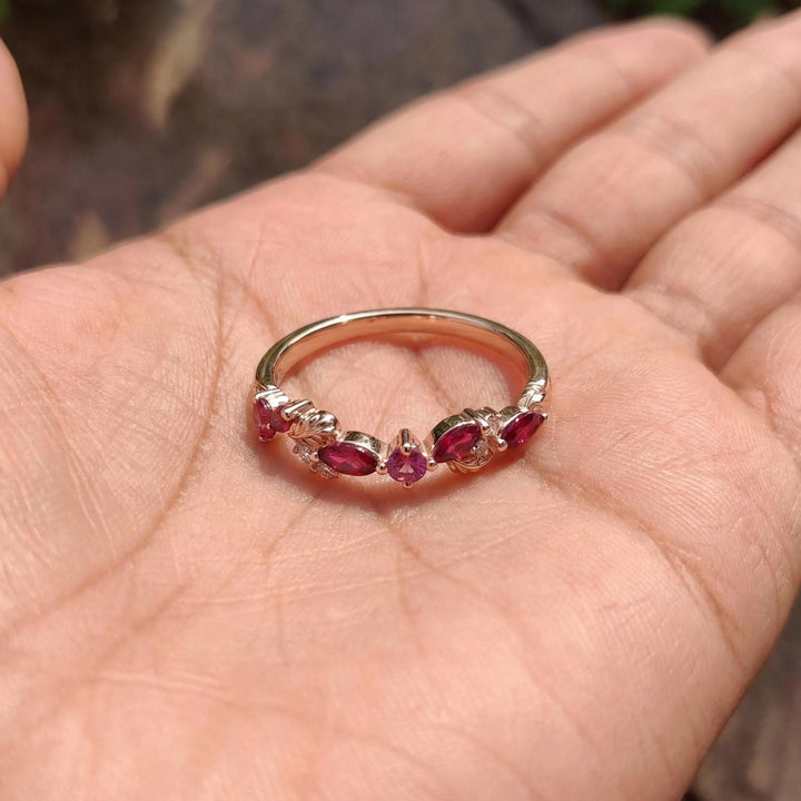 Nature Inspired Ruby & Pink Tourmaline Leaf Ring | Delicate Floral Diamond Accent Band | Unique Anniversary Stacking Ring for Her