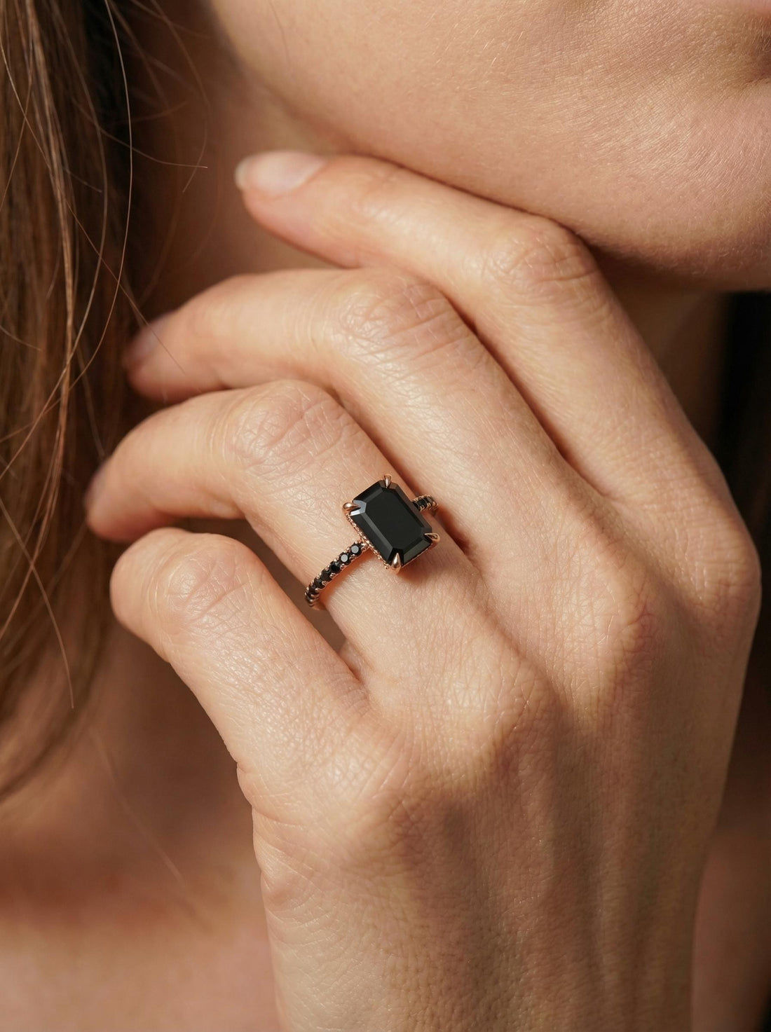 Emerald Cut Black Onyx Ring, Unique Black Engagement Ring, Minimalist Black Gemstone Ring, Rose Gold Onyx Ring, Alternative Bridal Ring