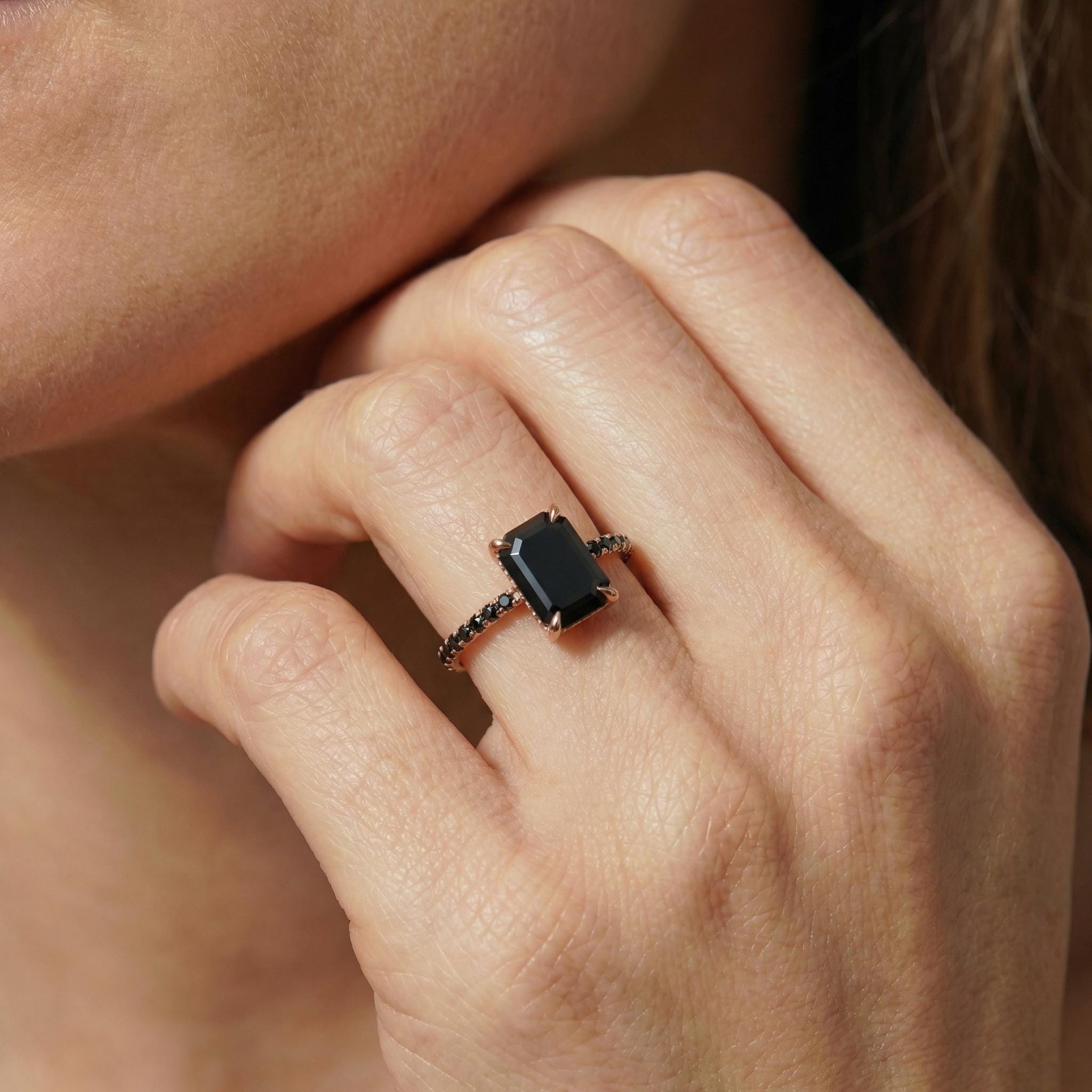 Emerald Cut Black Onyx Ring, Unique Black Engagement Ring, Minimalist Black Gemstone Ring, Rose Gold Onyx Ring, Alternative Bridal Ring