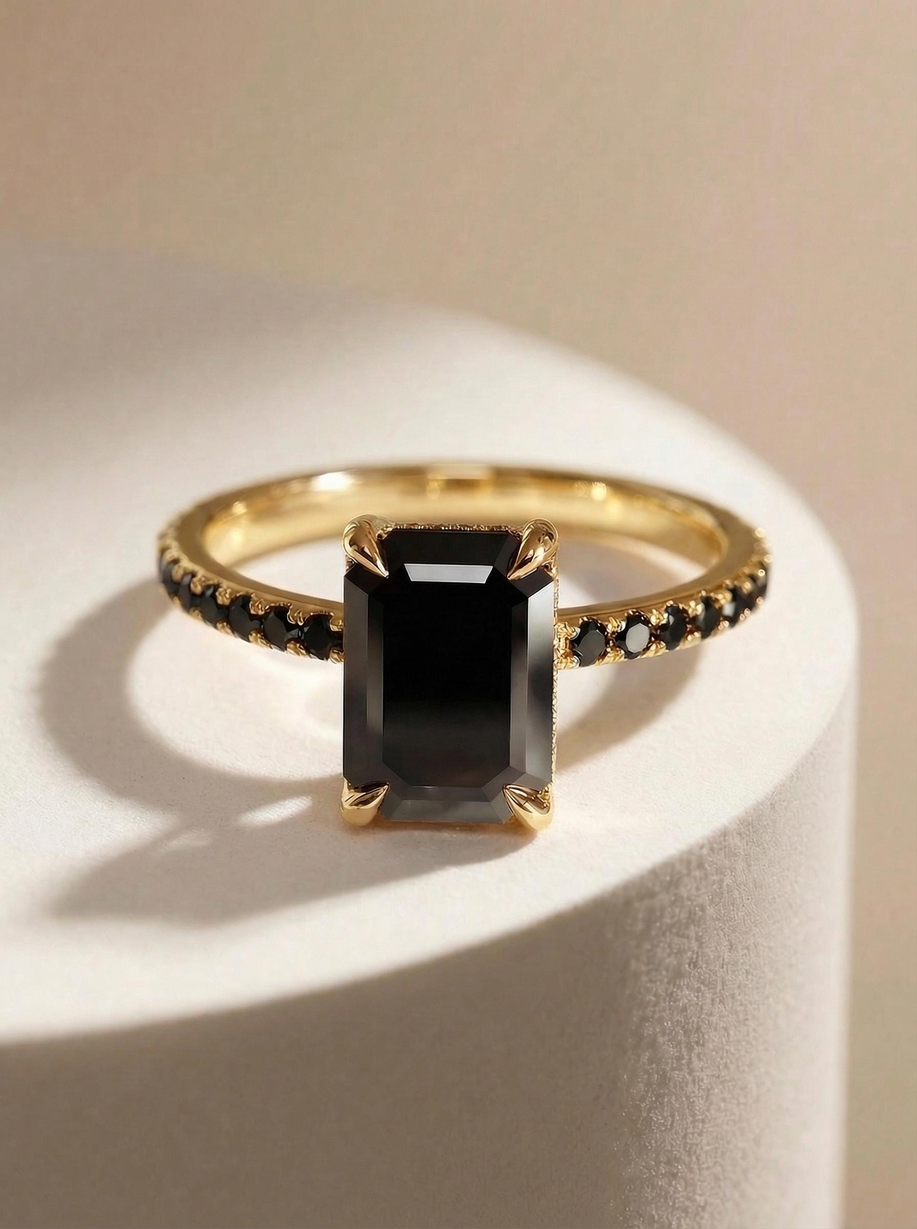 Emerald Cut Black Onyx Ring, Unique Black Engagement Ring, Minimalist Black Gemstone Ring, Rose Gold Onyx Ring, Alternative Bridal Ring
