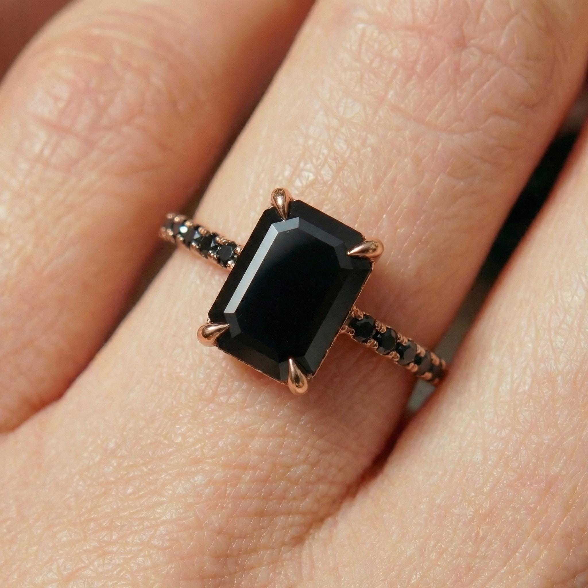 Emerald Cut Black Onyx Ring, Unique Black Engagement Ring, Minimalist Black Gemstone Ring, Rose Gold Onyx Ring, Alternative Bridal Ring
