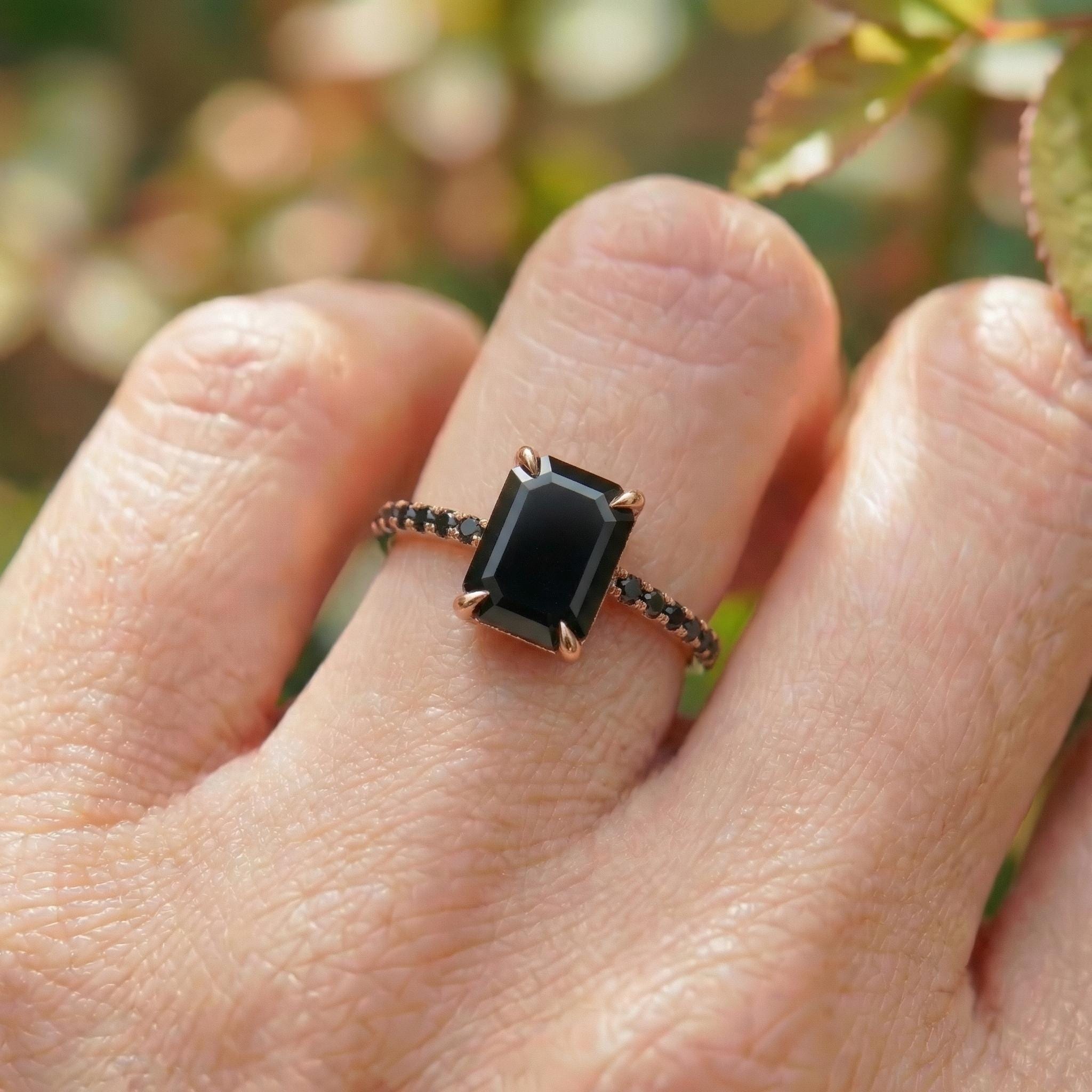 Emerald Cut Black Onyx Ring, Unique Black Engagement Ring, Minimalist Black Gemstone Ring, Rose Gold Onyx Ring, Alternative Bridal Ring