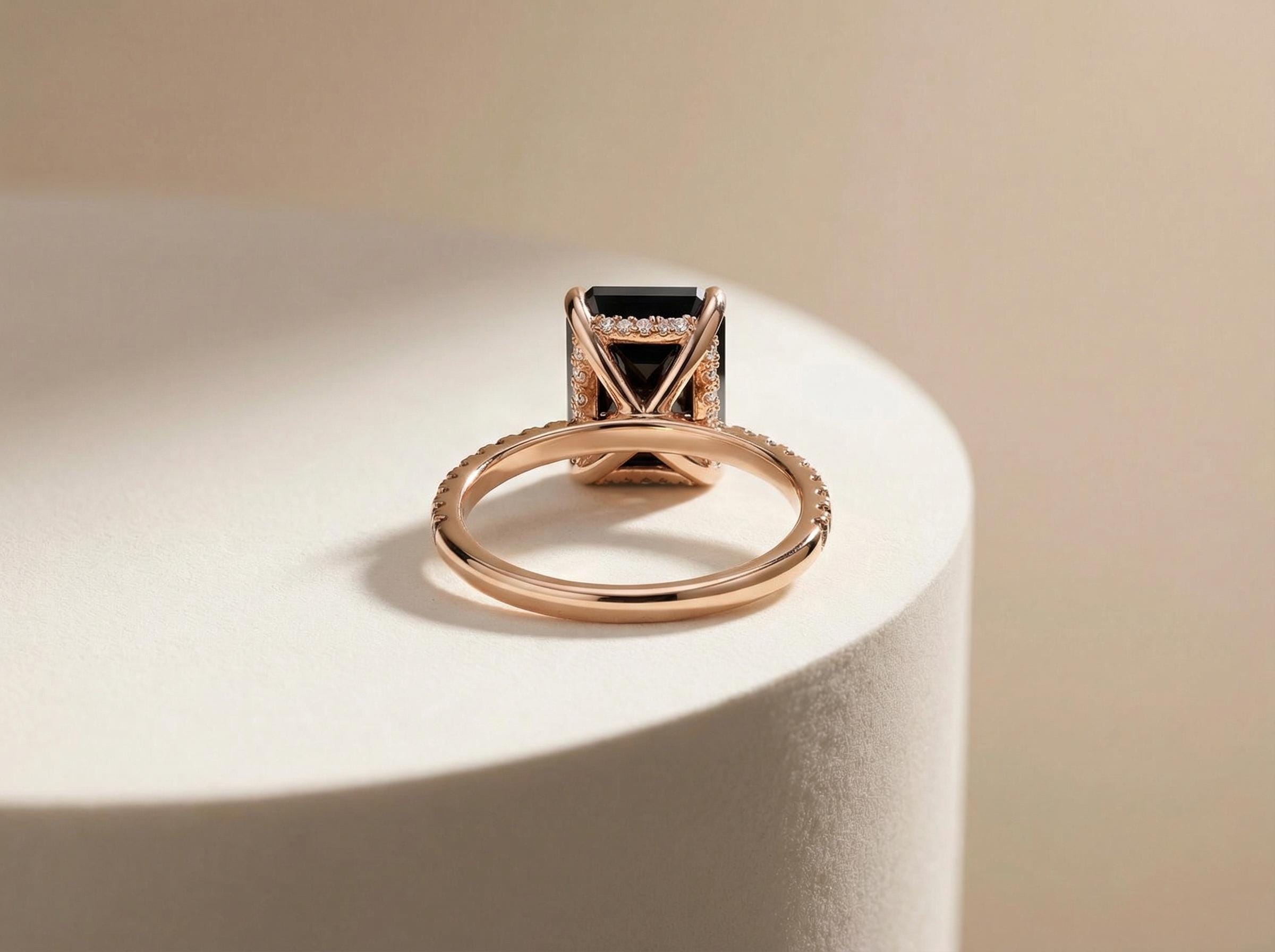 Emerald Cut Black Onyx Ring, Unique Black Engagement Ring, Minimalist Black Gemstone Ring, Rose Gold Onyx Ring, Alternative Bridal Ring