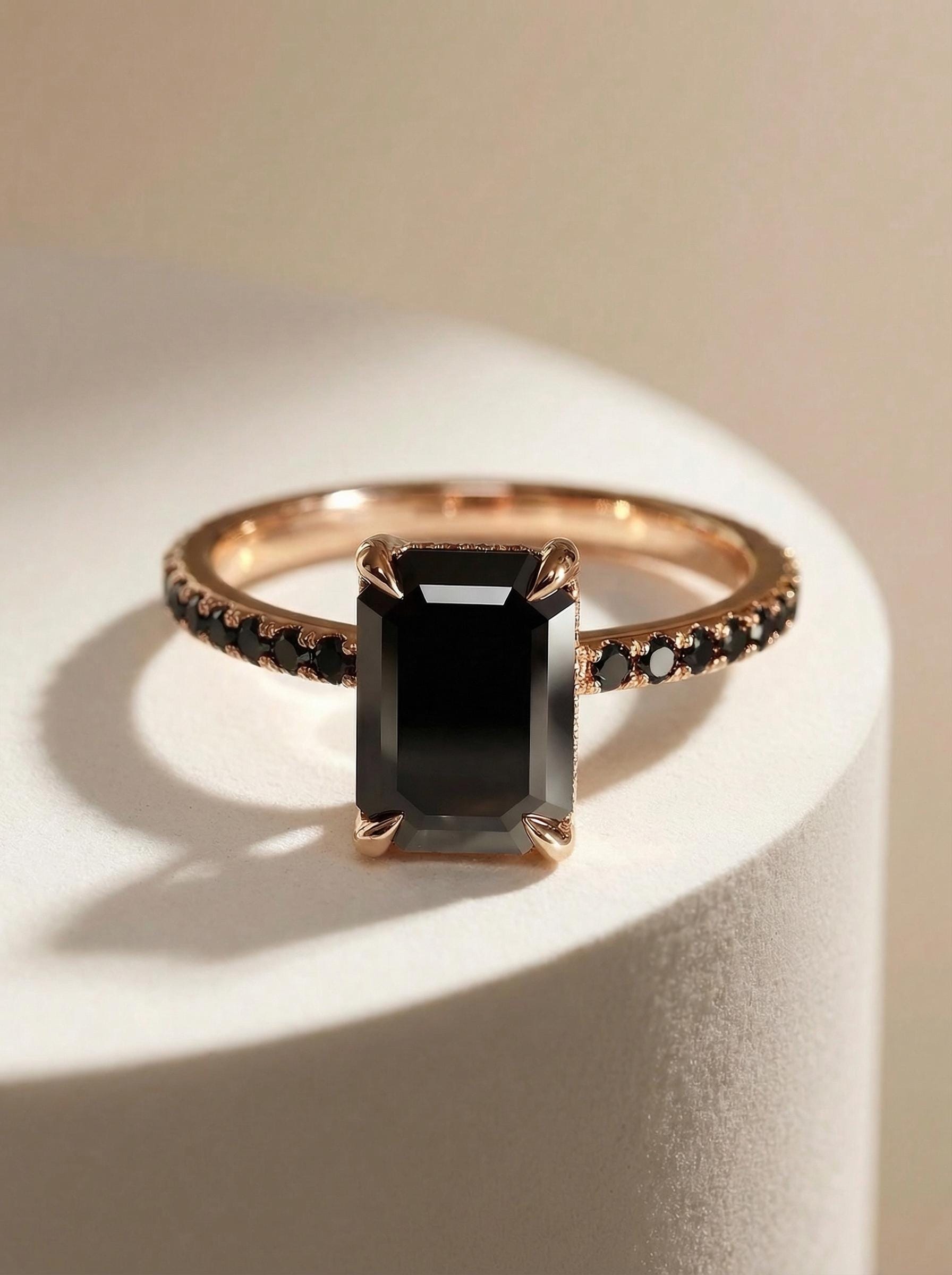 Emerald Cut Black Onyx Ring, Unique Black Engagement Ring, Minimalist Black Gemstone Ring, Rose Gold Onyx Ring, Alternative Bridal Ring