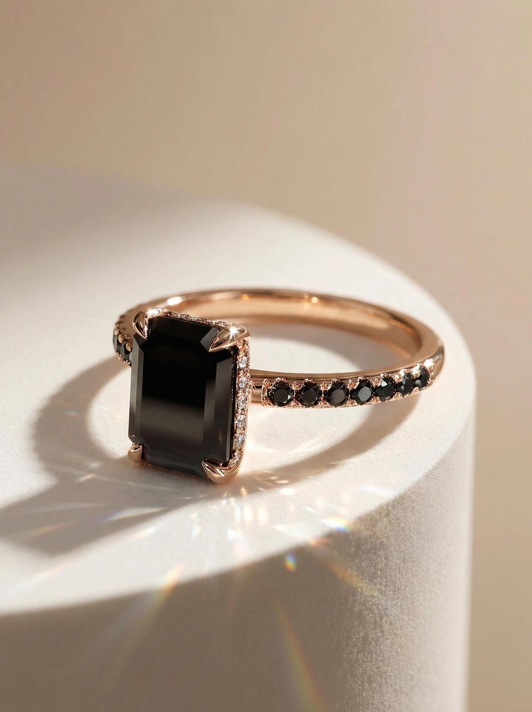Emerald Cut Black Onyx Ring, Unique Black Engagement Ring, Minimalist Black Gemstone Ring, Rose Gold Onyx Ring, Alternative Bridal Ring