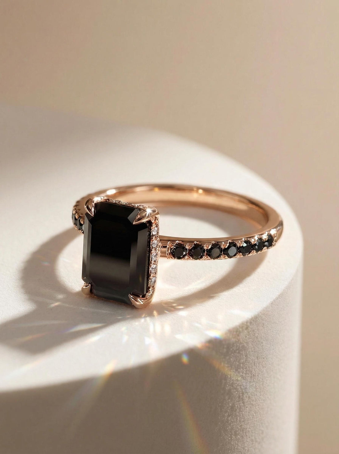 Emerald Cut Black Onyx Ring, Unique Black Engagement Ring, Minimalist Black Gemstone Ring, Rose Gold Onyx Ring, Alternative Bridal Ring