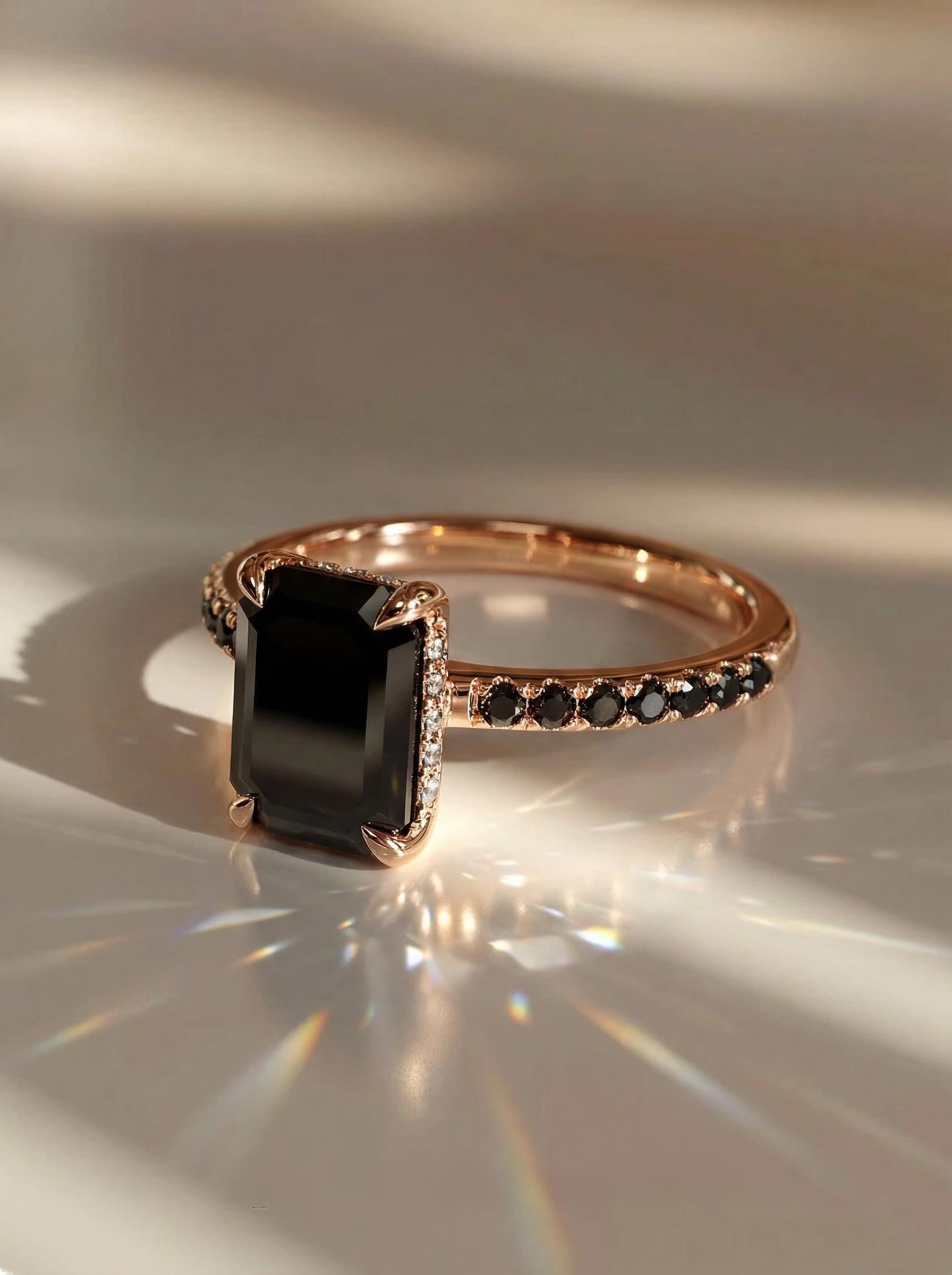 Emerald Cut Black Onyx Ring, Unique Black Engagement Ring, Minimalist Black Gemstone Ring, Rose Gold Onyx Ring, Alternative Bridal Ring