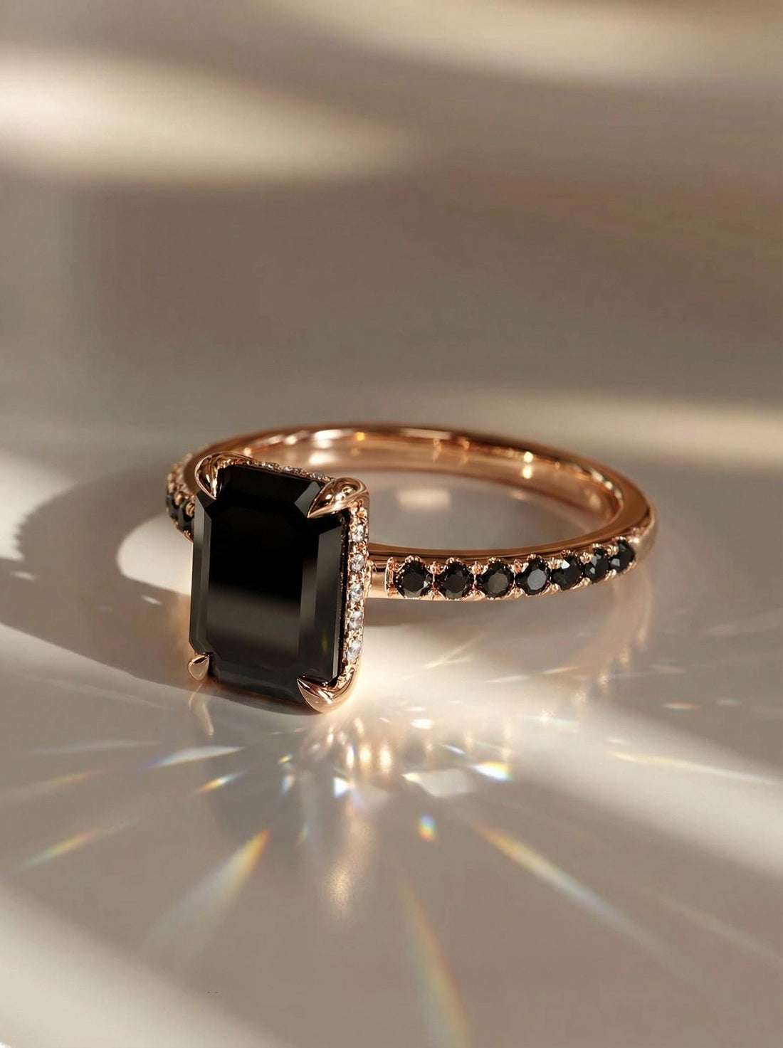 Emerald Cut Black Onyx Ring, Unique Black Engagement Ring, Minimalist Black Gemstone Ring, Rose Gold Onyx Ring, Alternative Bridal Ring