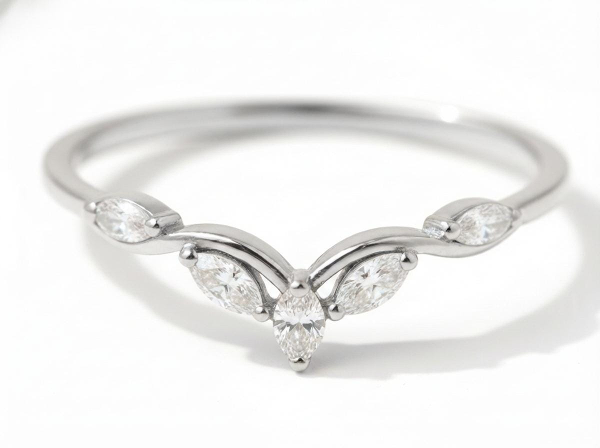 Moissanite Curved Marquise Cluster Band, 18K Gold V-Shaped Wedding Ring, Lab Grown Diamond Enhancer Ring