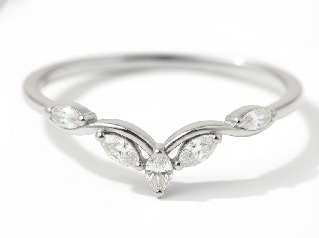 Moissanite Curved Marquise Cluster Band, 18K Gold V-Shaped Wedding Ring, Lab Grown Diamond Enhancer Ring