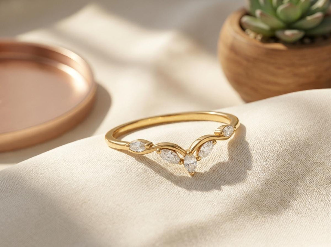 Moissanite Curved Marquise Cluster Band, 18K Gold V-Shaped Wedding Ring, Lab Grown Diamond Enhancer Ring