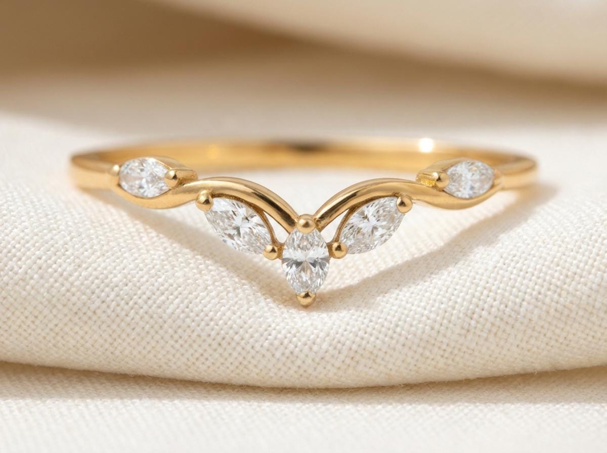 Moissanite Curved Marquise Cluster Band, 18K Gold V-Shaped Wedding Ring, Lab Grown Diamond Enhancer Ring
