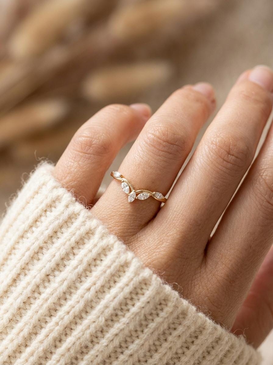 Moissanite Curved Marquise Cluster Band, 18K Gold V-Shaped Wedding Ring, Lab Grown Diamond Enhancer Ring