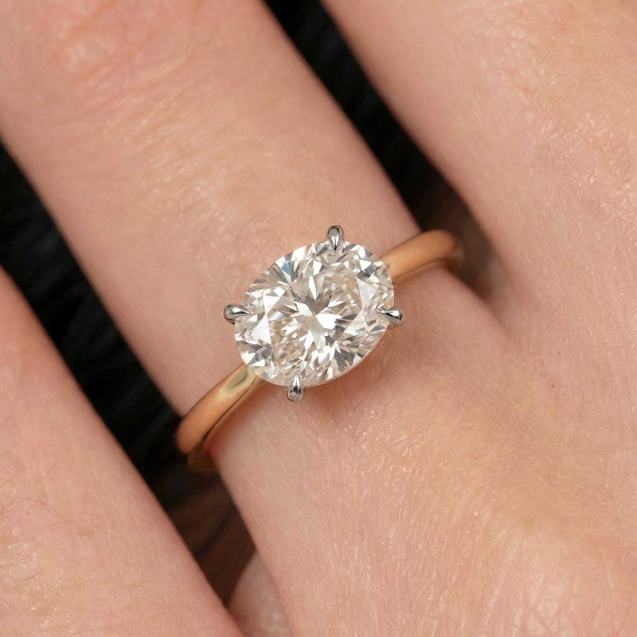 2.0 CT East West Oval Cut Moissanite Engagement Ring, Two Tone Ring, Mixed Metal Ring, Oval Solitaire Proposal Ring