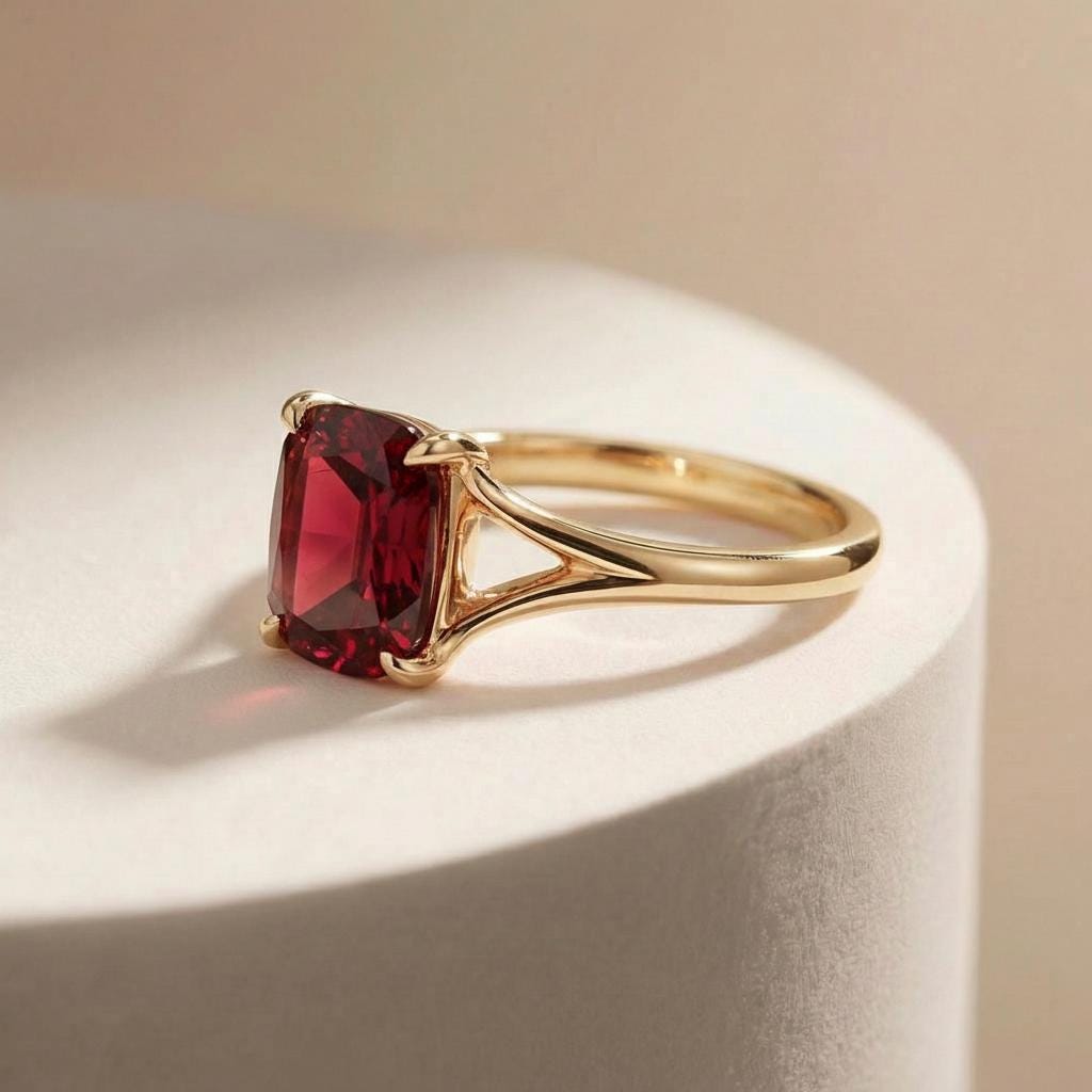 Cushion Cut Garnet Engagement Ring, Modern Split Shank Solitaire, Vintage Inspired Anniversary Gift for Her, Red Stone Solitaire Jewelry