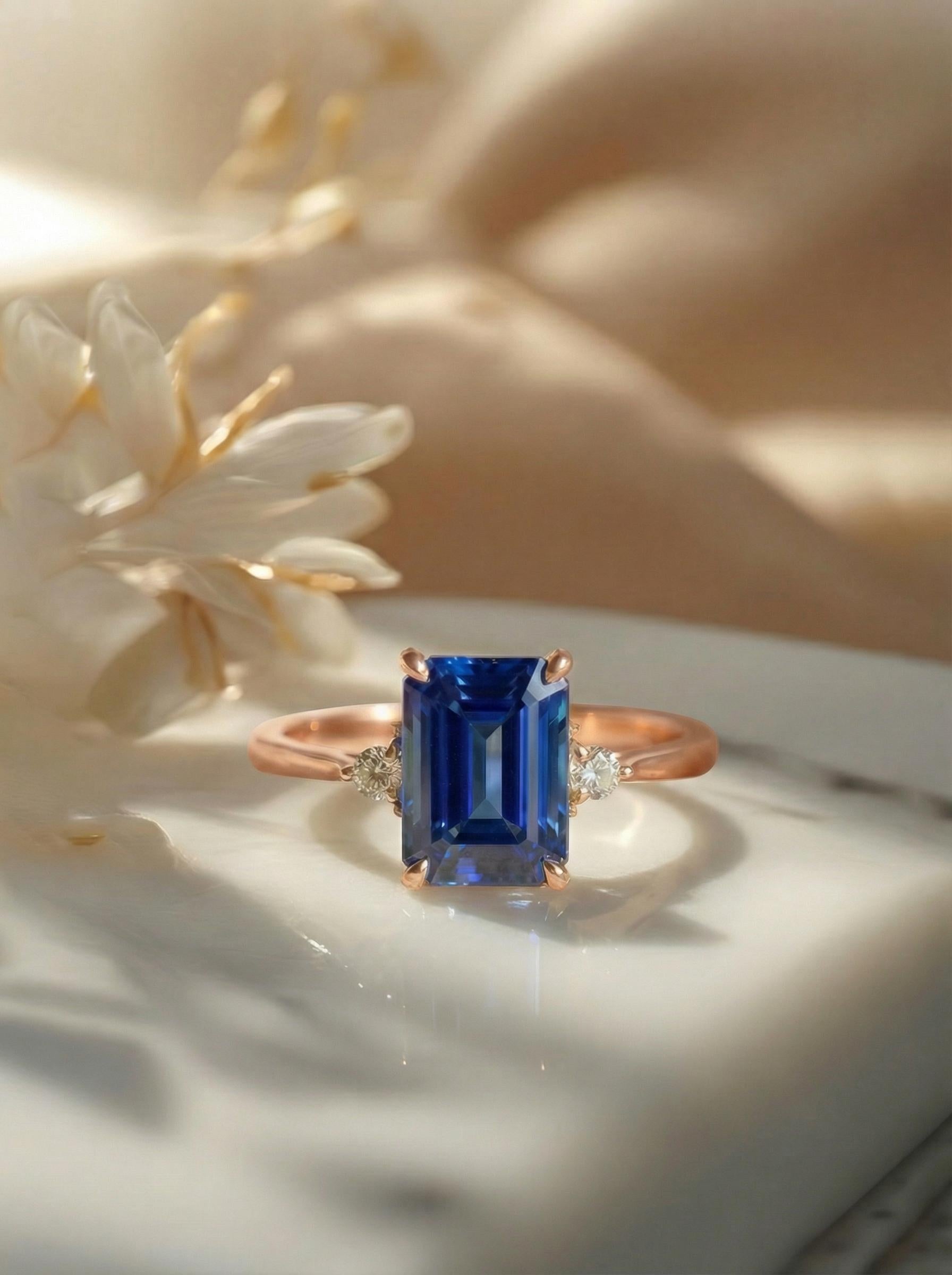 1.75ct Blue Sapphire Ring, Emerald Cut Sapphire Ring, 14K Gold Statement Ring, Certified Stone Ring, September Birthstone