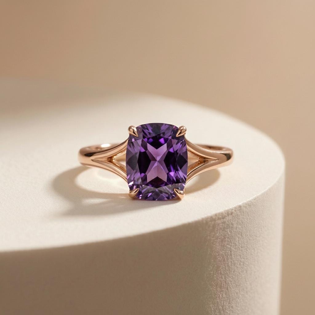 Cushion Cut Amethyst Engagement Ring, Modern Split Shank Solitaire, Vintage Inspired Anniversary Gift for Her – February Birthstone Jewelry