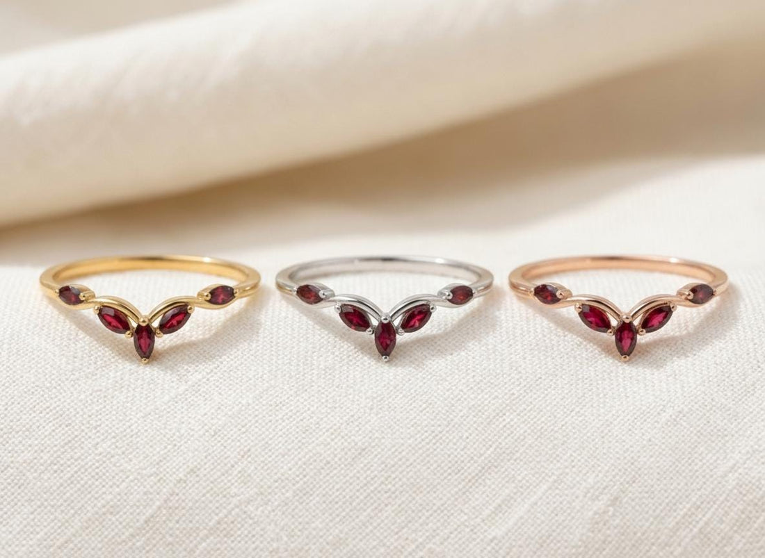 Curved Garnet Marquise Cluster Band, 18K Gold January Birthstone V-Shaped Ring, Dainty Red Garnet Enhancer