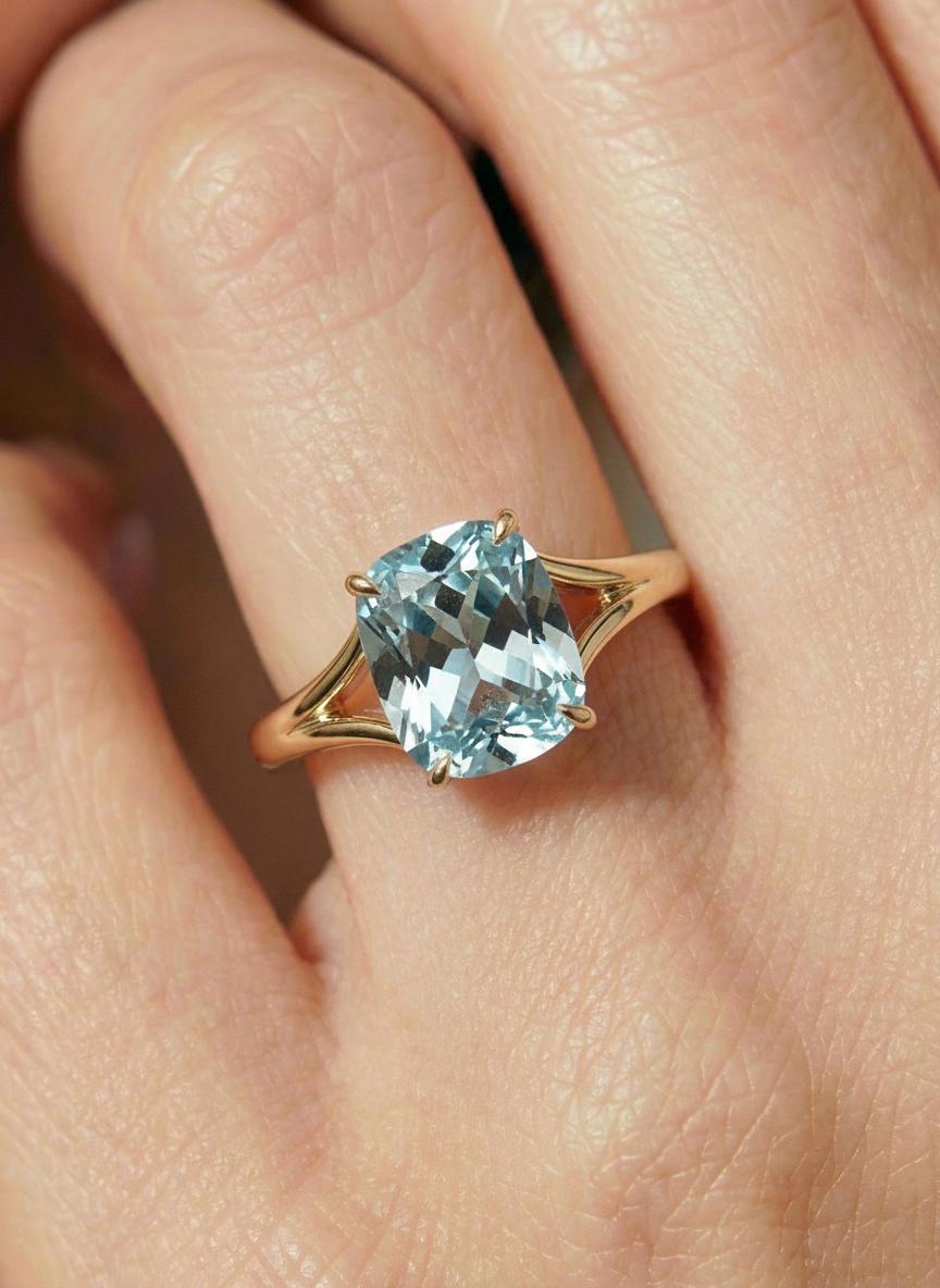 Cushion Cut Aquamarine Engagement Ring, Modern Split Shank Solitaire, Vintage Inspired Graduation Birthstone Ring – March Birthstone Jewelry