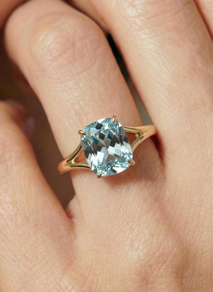 Cushion Cut Aquamarine Engagement Ring, Modern Split Shank Solitaire, Vintage Inspired Graduation Birthstone Ring – March Birthstone Jewelry