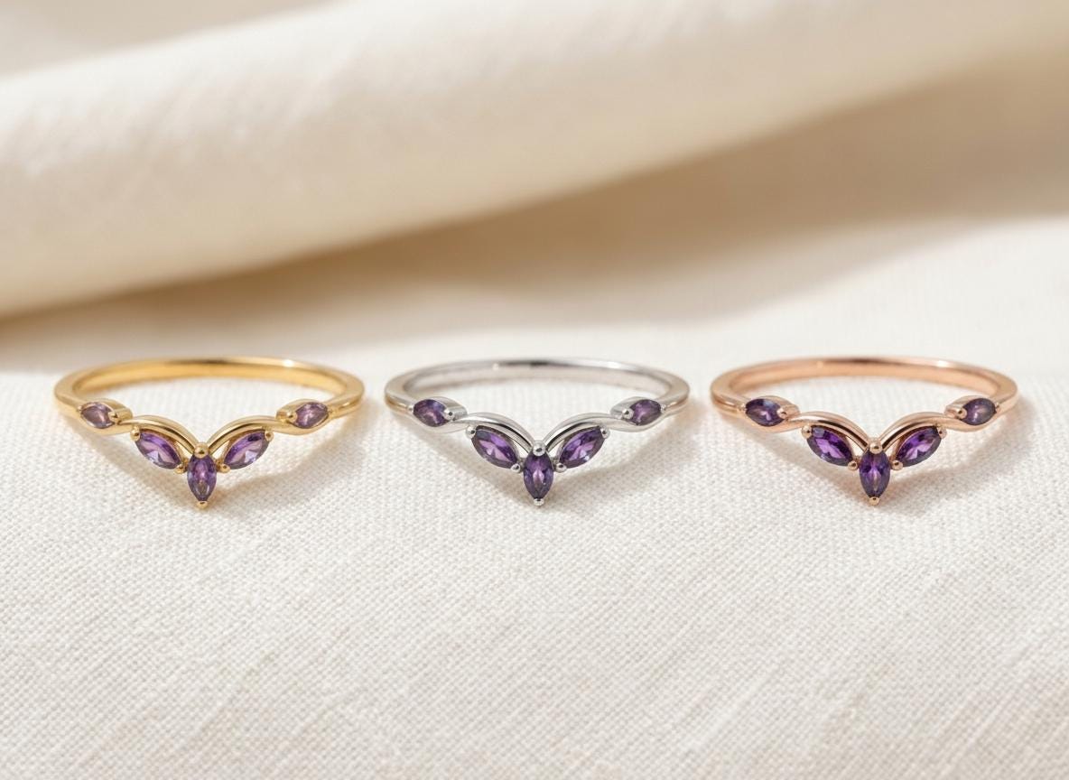 Curved Amethyst Marquise Cluster Band, 18K Gold February Birthstone V-Shaped Ring, Dainty Purple Amethyst Enhancer, Unique Minimalist